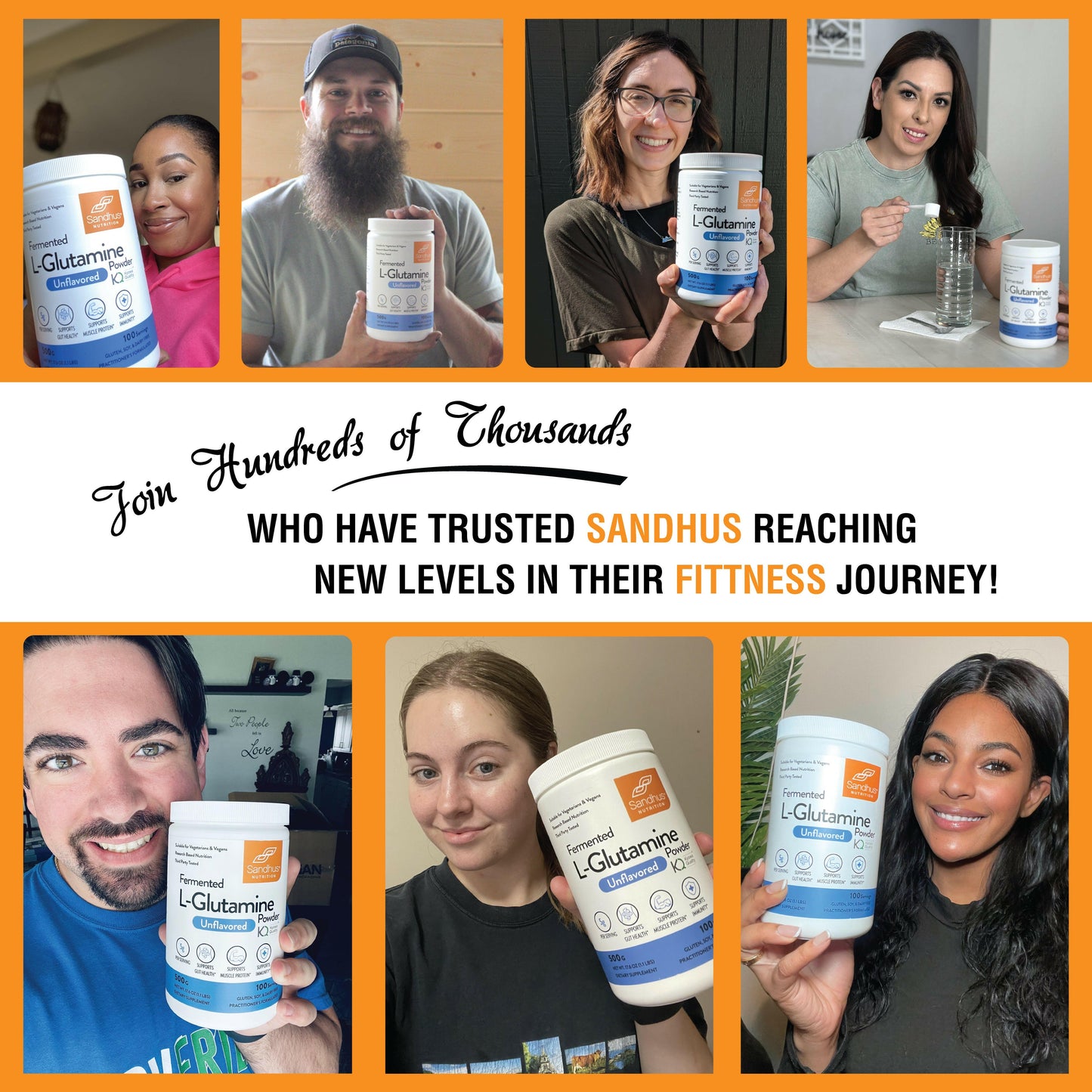 Several People holding Sandhu’s L-Glutamine powder, highlighting trust and use in their health and wellness routines.