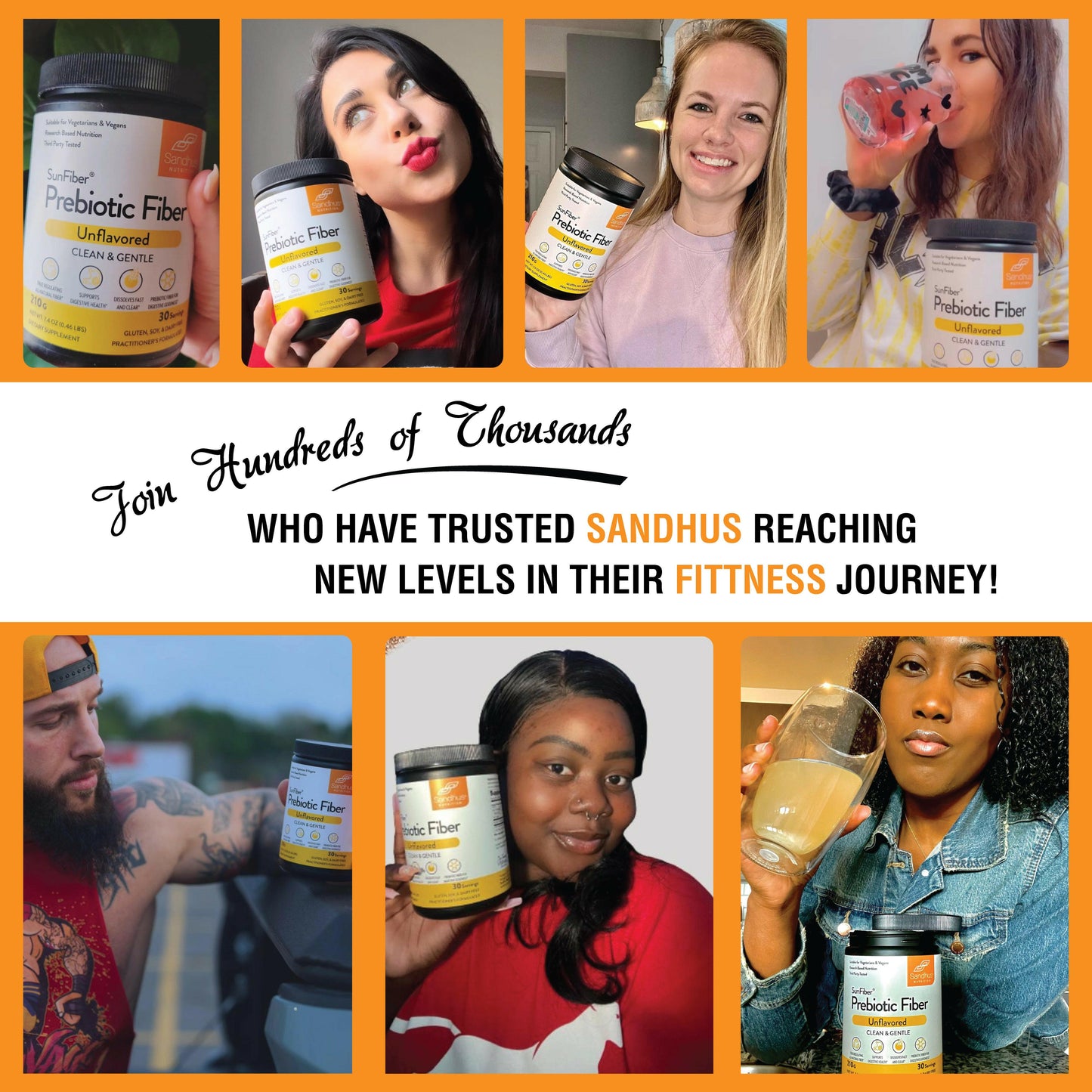 Several People holding Sandhu’s Sunfiber powder, highlighting trust and use in their health and wellness routines.