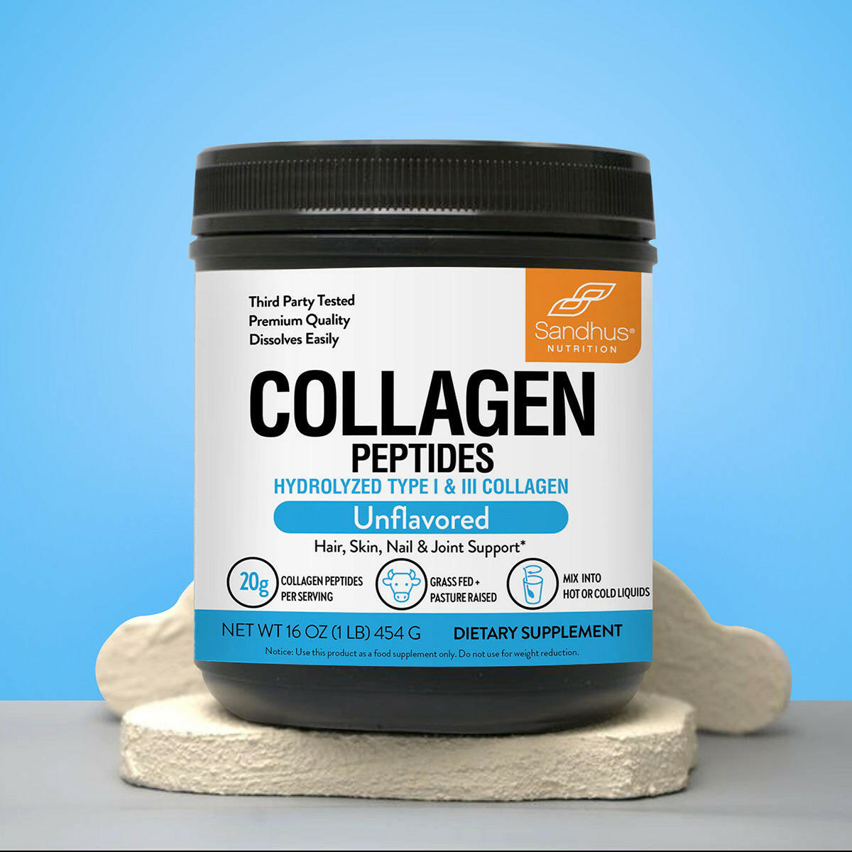 Container of Sandhu's Nutrition Collagen Peptides on a blue background