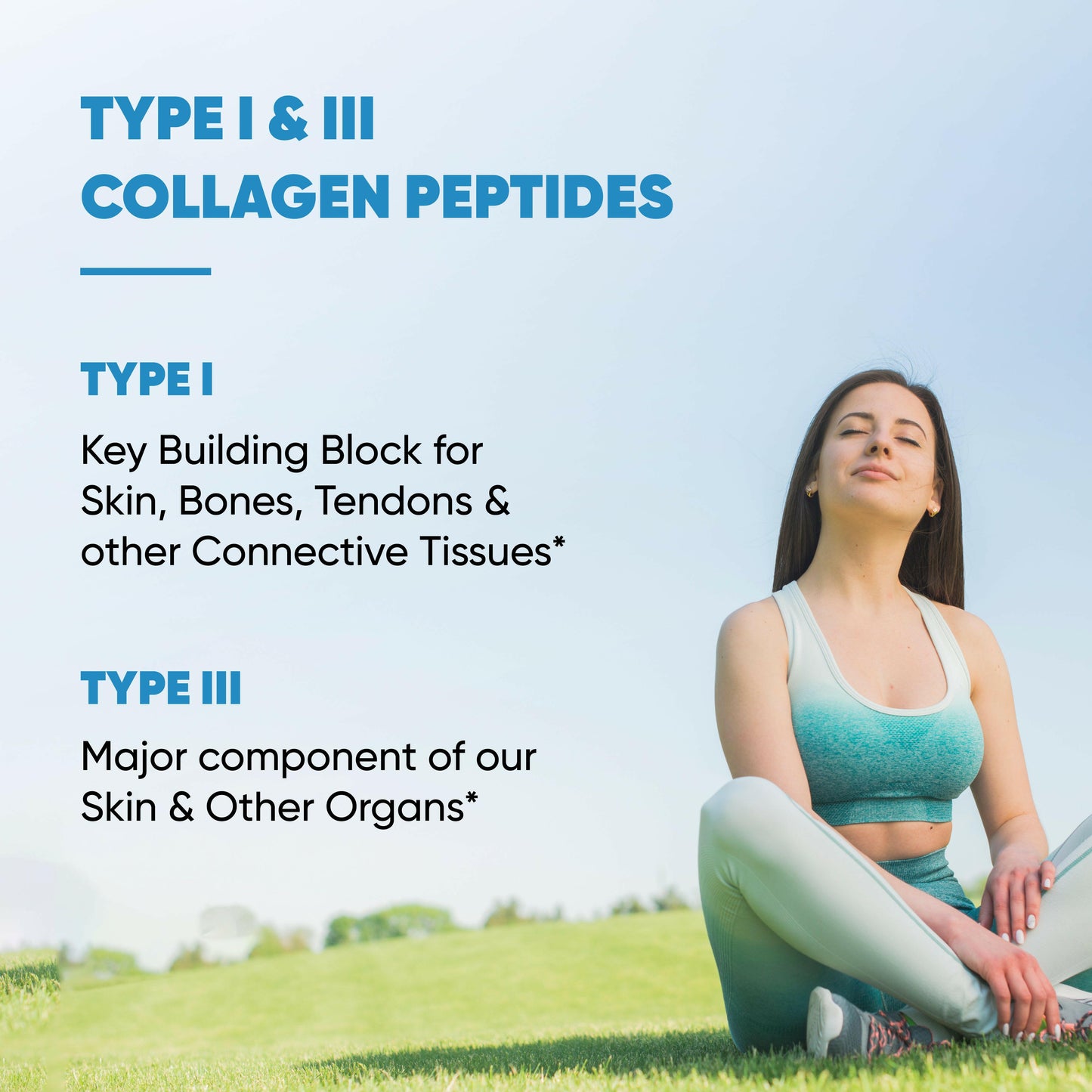Young woman in activewear sitting outdoors; Type I & III collagen peptides support skin, bones, and connective tissues.