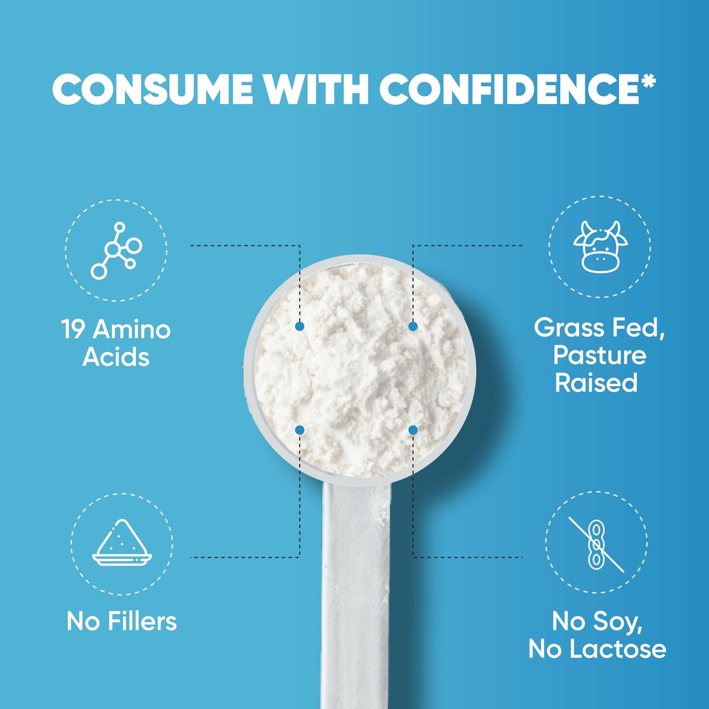 Scoop of collagen powder; features 19 amino acids, grass-fed source, no fillers, soy, or lactose.