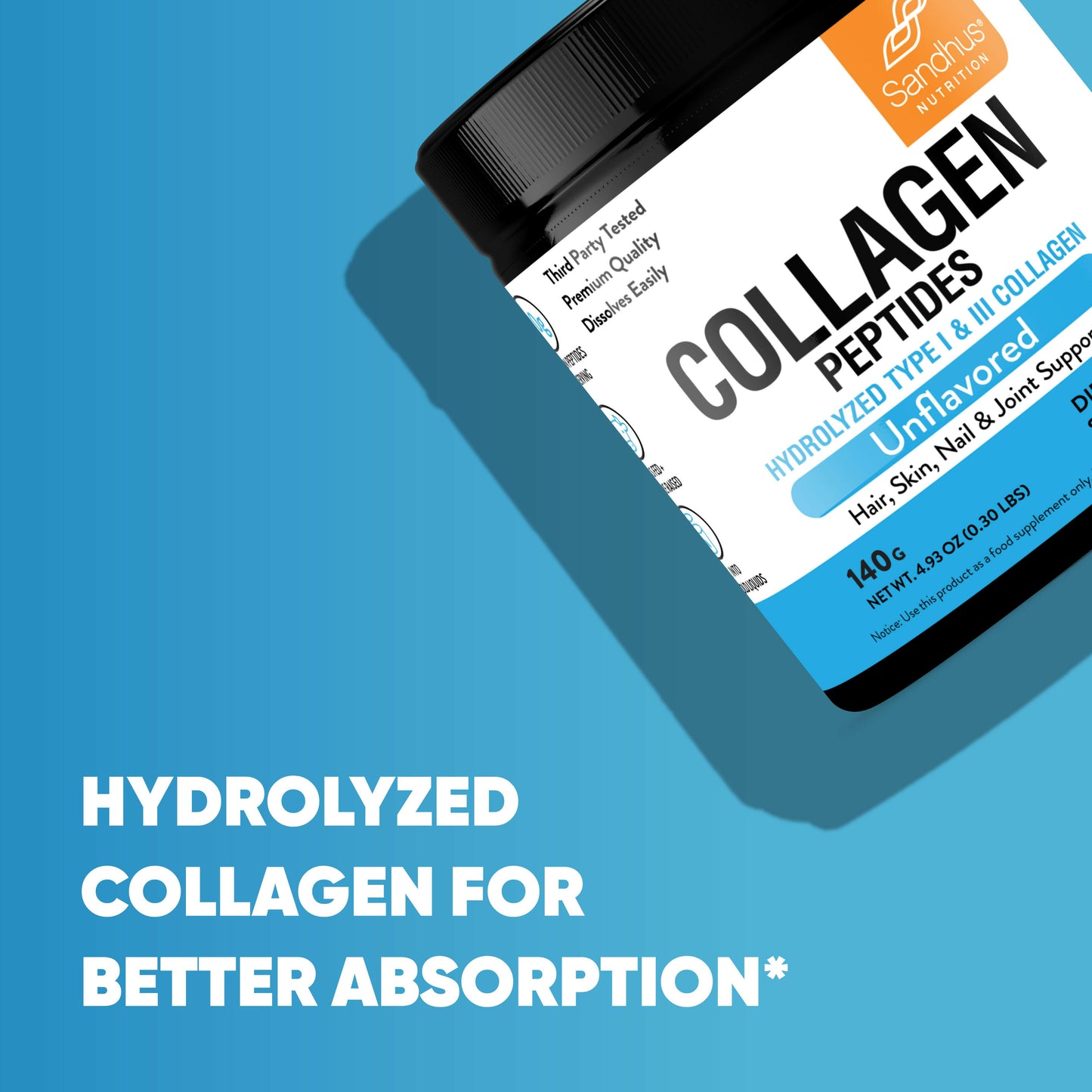 Collagen peptides packaging with text on a blue background