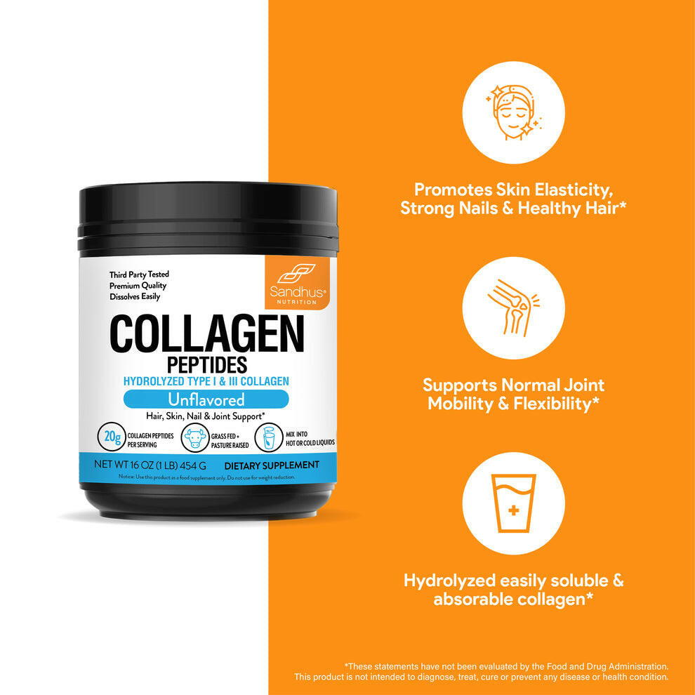 Sandhu’s collagen peptides jar with benefits; supports skin elasticity, hair, nails, and joint flexibility.