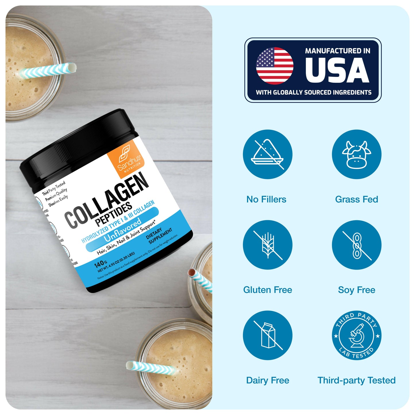Collagen peptides container with a glass of a creamy beverage on a wooden surface, featuring USA manufacturing label and health benefits icons.