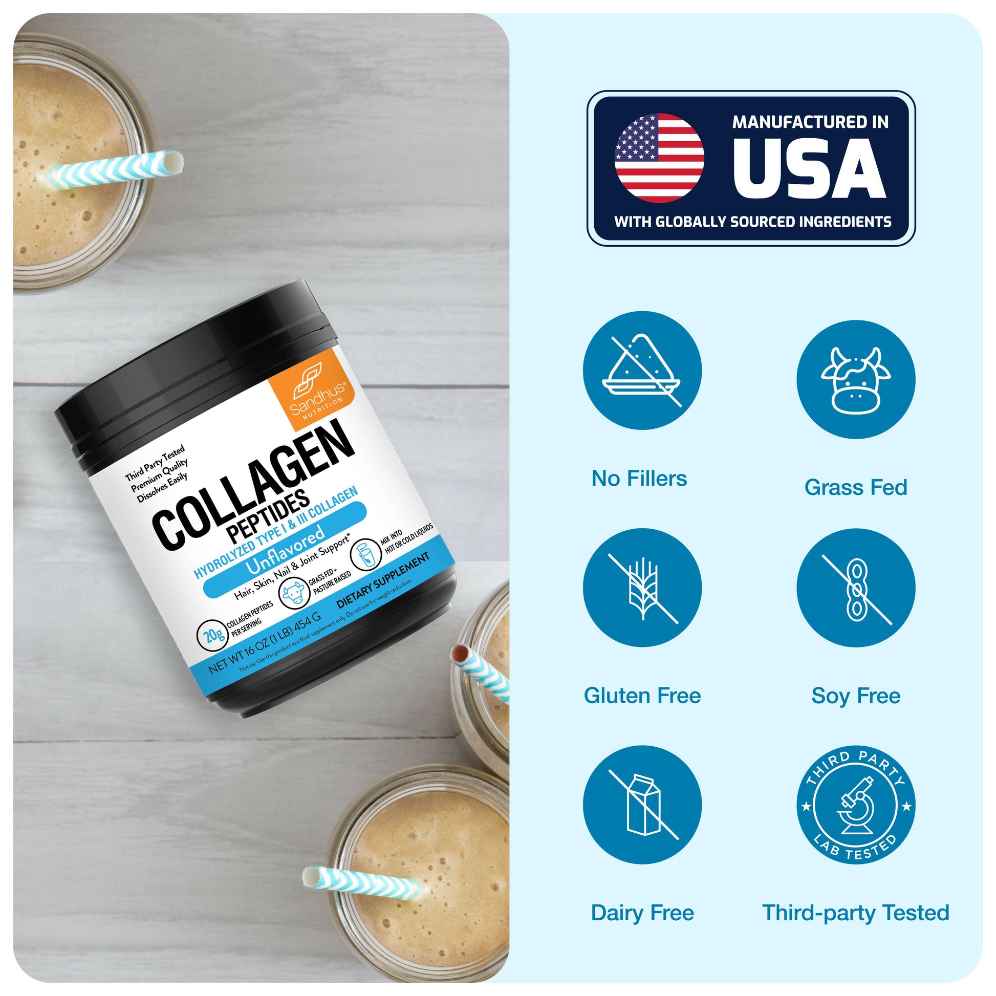 Collagen peptides container with a glass of a creamy beverage on a wooden surface, featuring USA manufacturing label and health benefits icons.