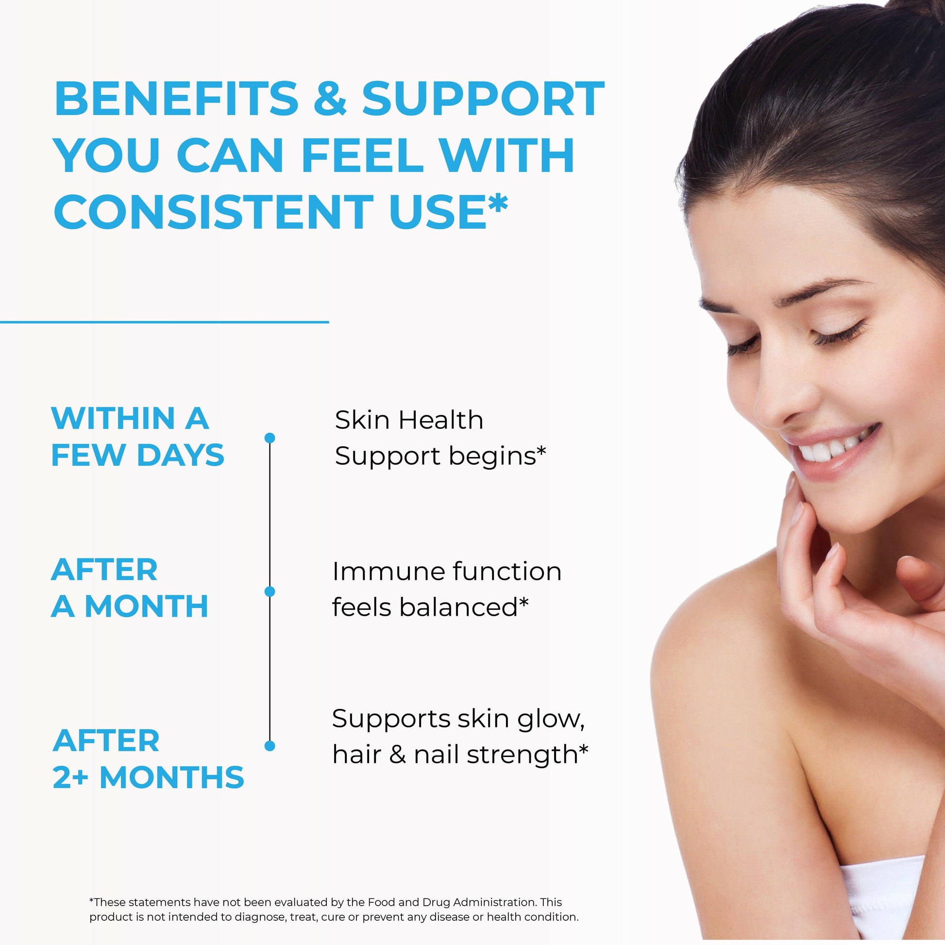 Smiling woman with text about consistent use supporting skin health, immune balance, and hair and nail strength.