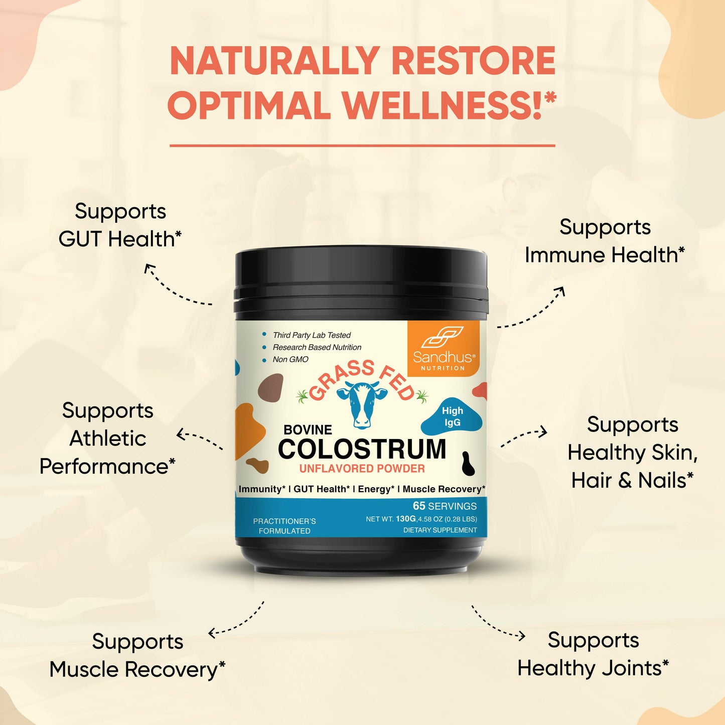Sandhus Grass-Fed Bovine Colostrum powder supporting gut health, immunity, recovery, joints, skin, hair & nails.