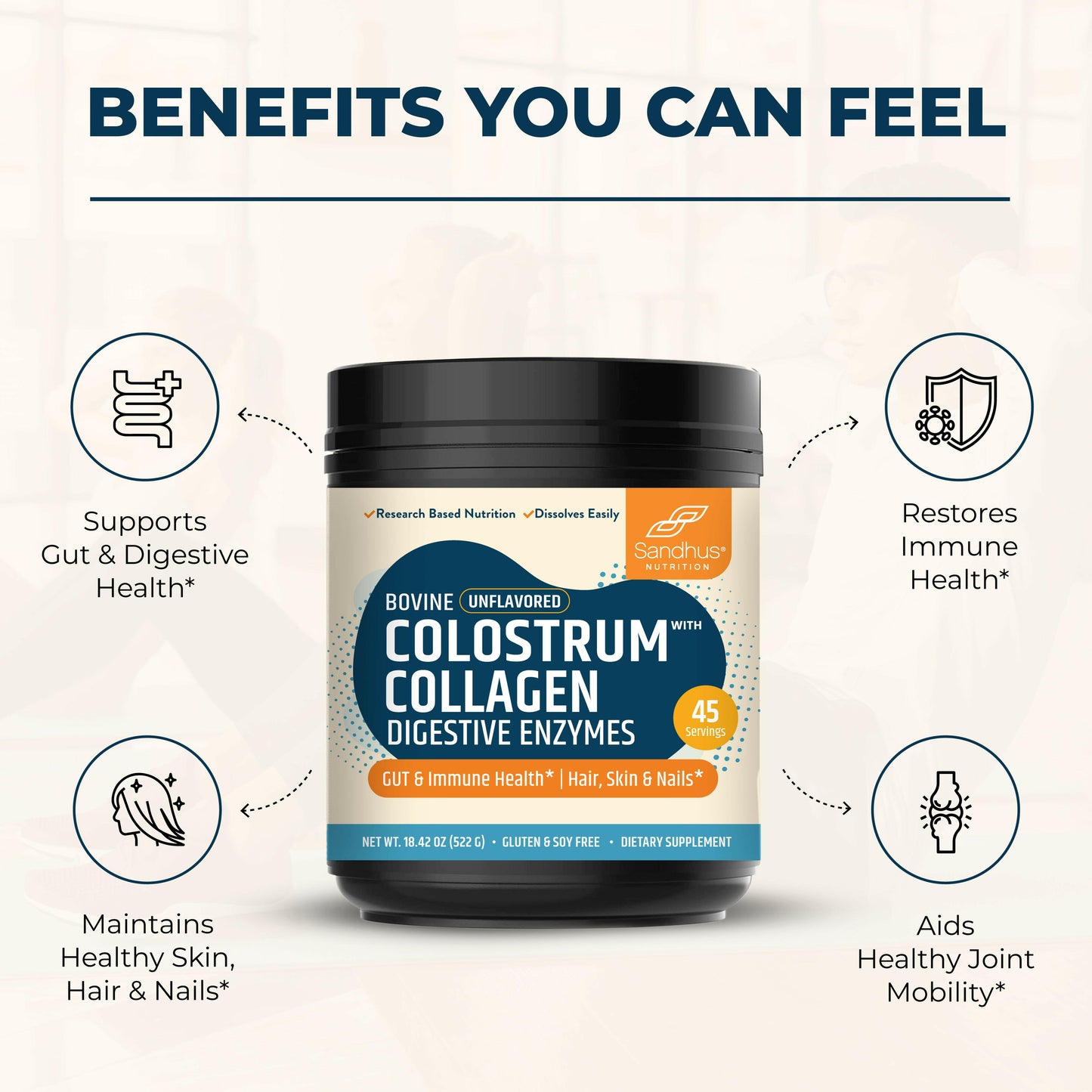 Sandhus Colostrum with Collagen and Digestive Enzymes supports gut health, immune balance, skin, and joint care.