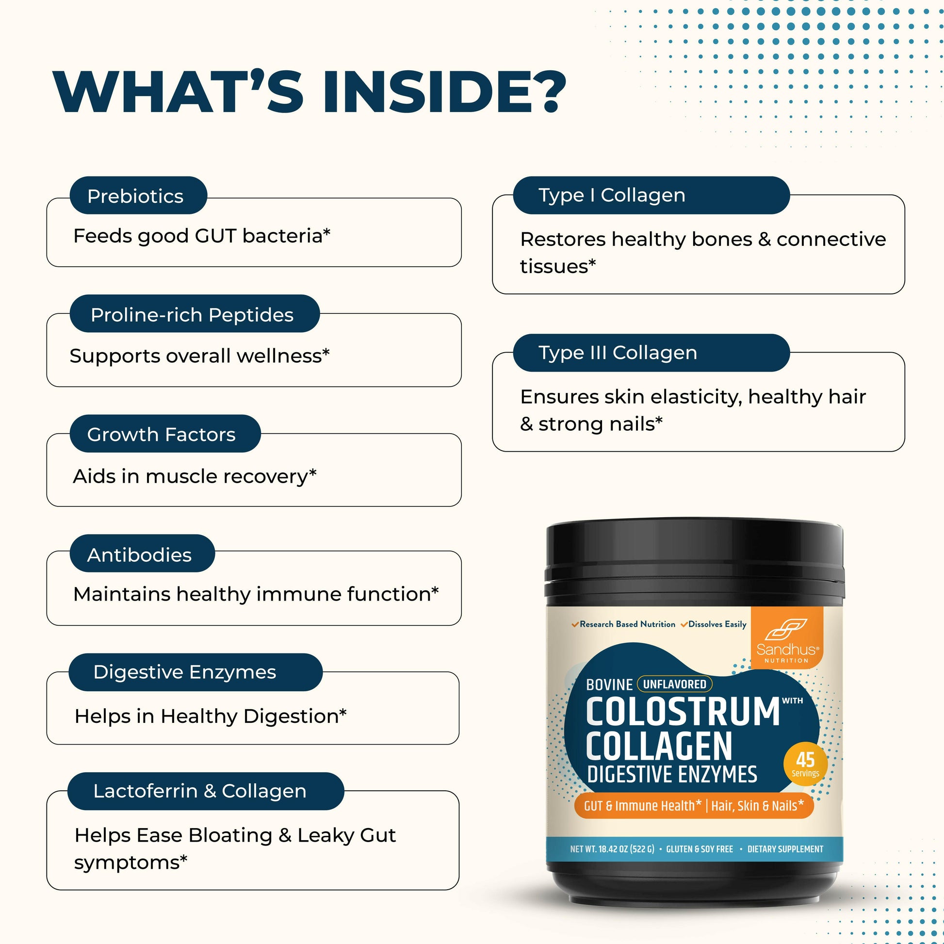 Packed with prebiotics, peptides, antibodies, collagen & enzymes to fuel gut health, strong immunity, and overall vitality