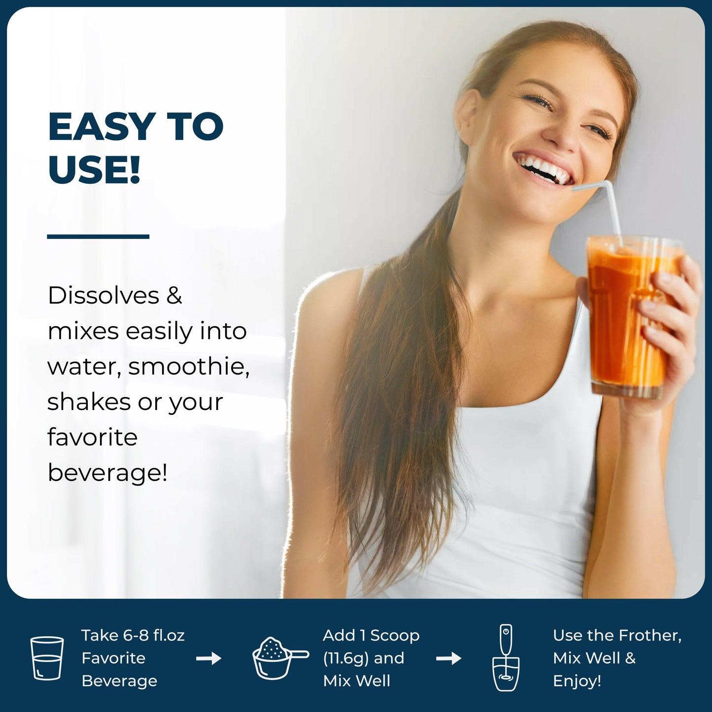 Dissolves quickly and blends smoothly into water, shakes, or smoothies—making daily gut and skin support simple.