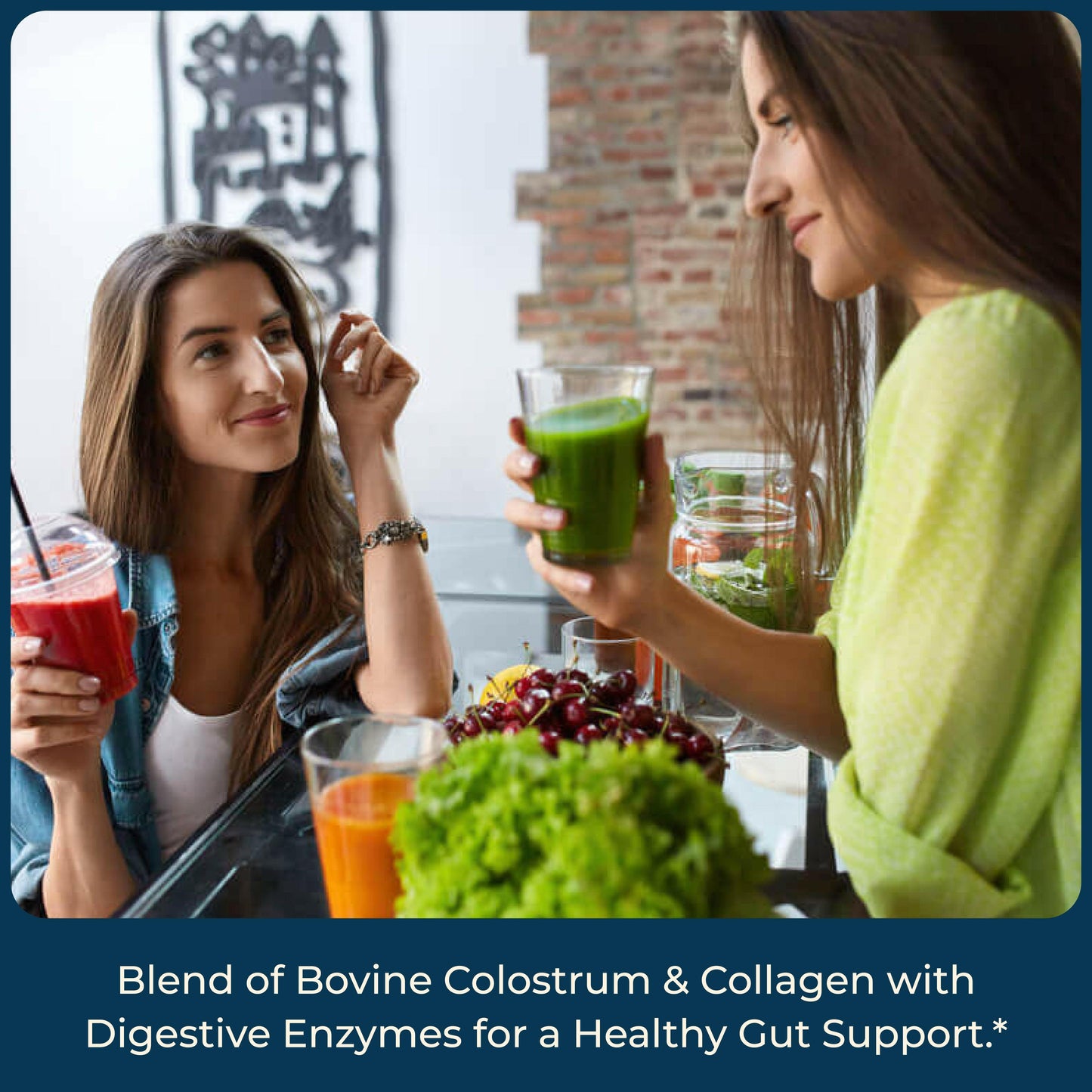 Two women enjoy colorful drinks in a party, highlighting a blend with colostrum, collagen, and enzymes for gut support