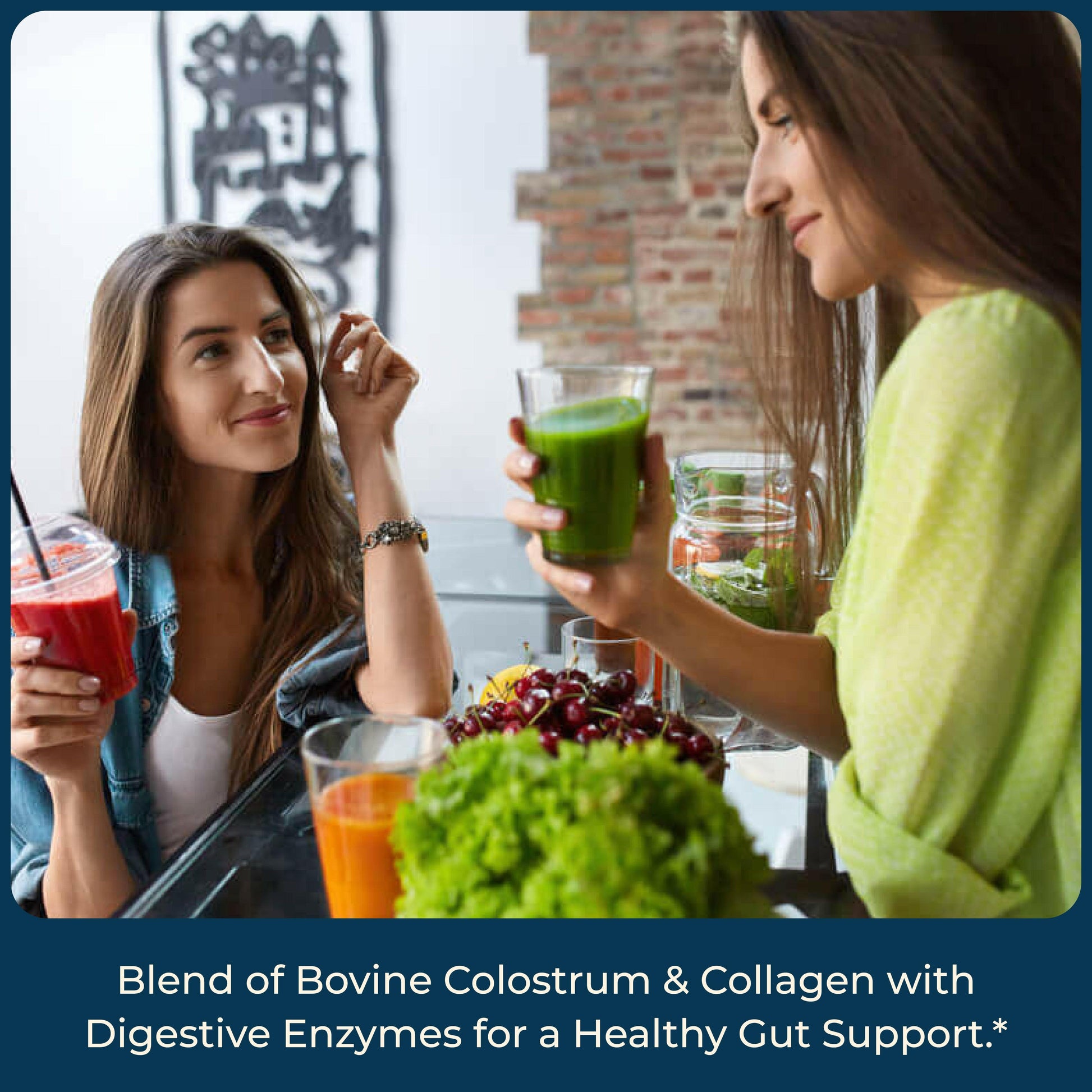 Two women enjoy colorful drinks in a party, highlighting a blend with colostrum, collagen, and enzymes for gut support
