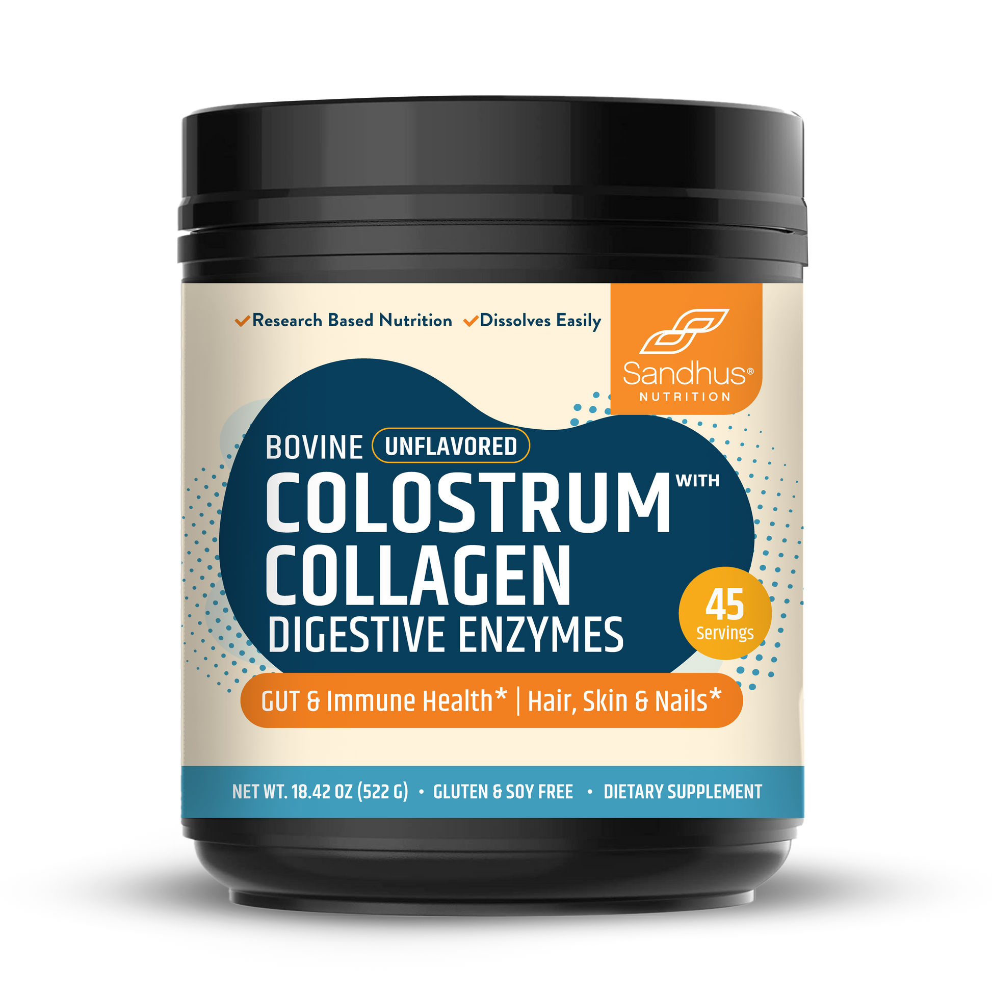 Sandhus Colostrum with Collagen and Digestive Enzymes, designed to support gut, immune health labeled gluten and soy free