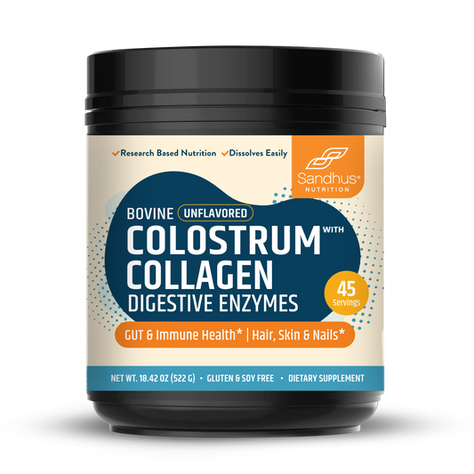 Sandhus Colostrum with Collagen and Digestive Enzymes, designed to support gut, immune health labeled gluten and soy free