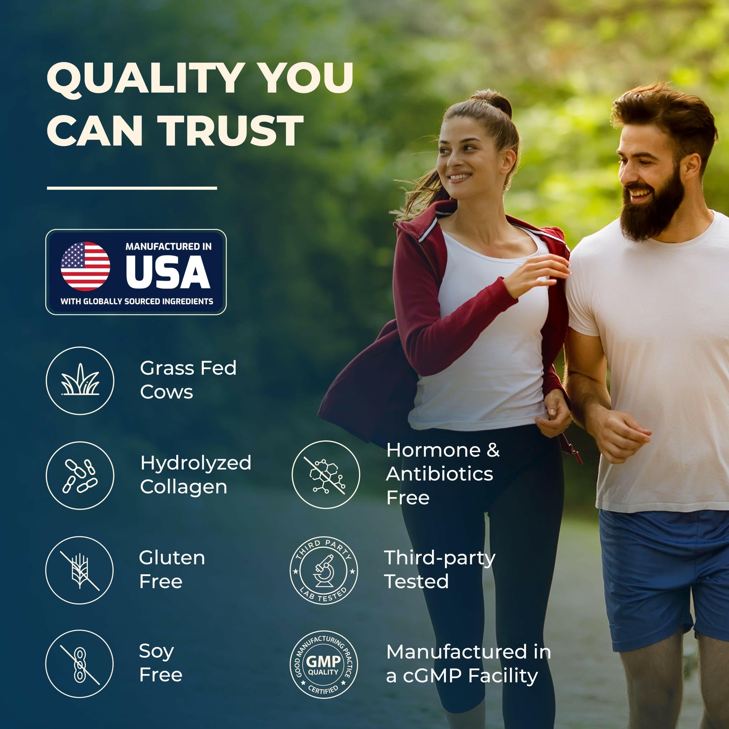 Made in the USA with grass-fed cows, hydrolyzed collagen, antibiotic, gluten & soy free, third party tested for trusted quality
