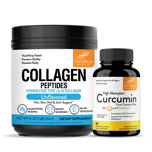 Two supplement containers labeled 'Collagen Peptides' and 'Curcumin' by Sandhu Nutrition on a white background.