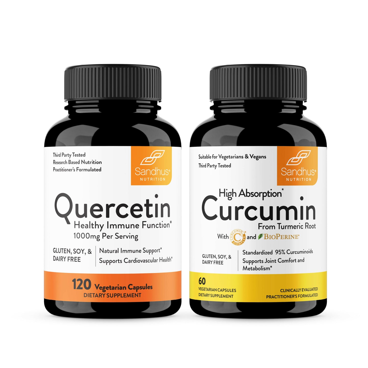 Two bottles of Sandhus Nutrition supplements on a white background