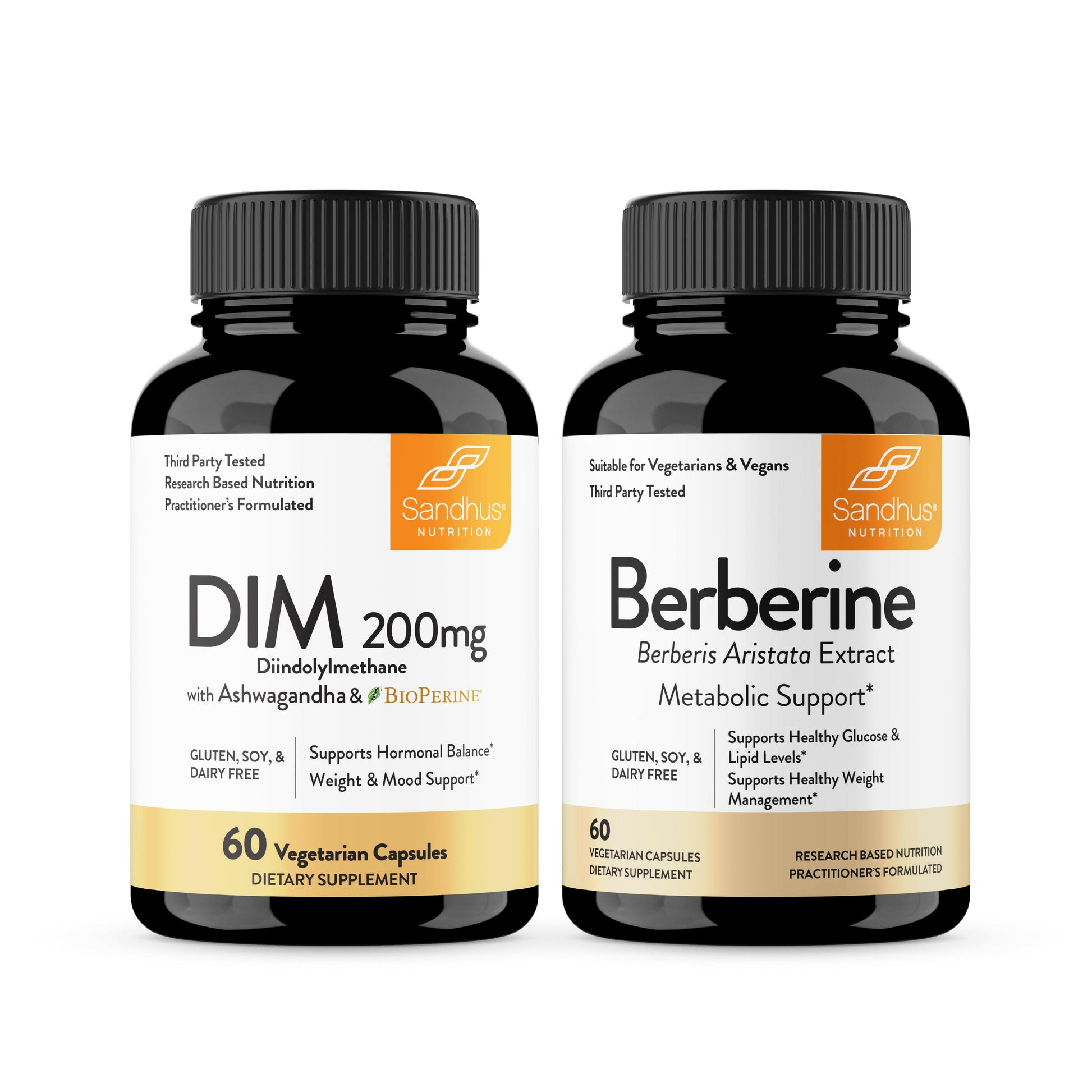 Two bottles of Sandhu Nutrition supplements on a white background