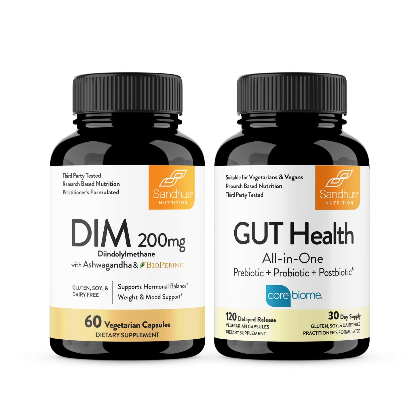 Two supplement bottles labeled 'DIM' and 'GUT Health' on a white background