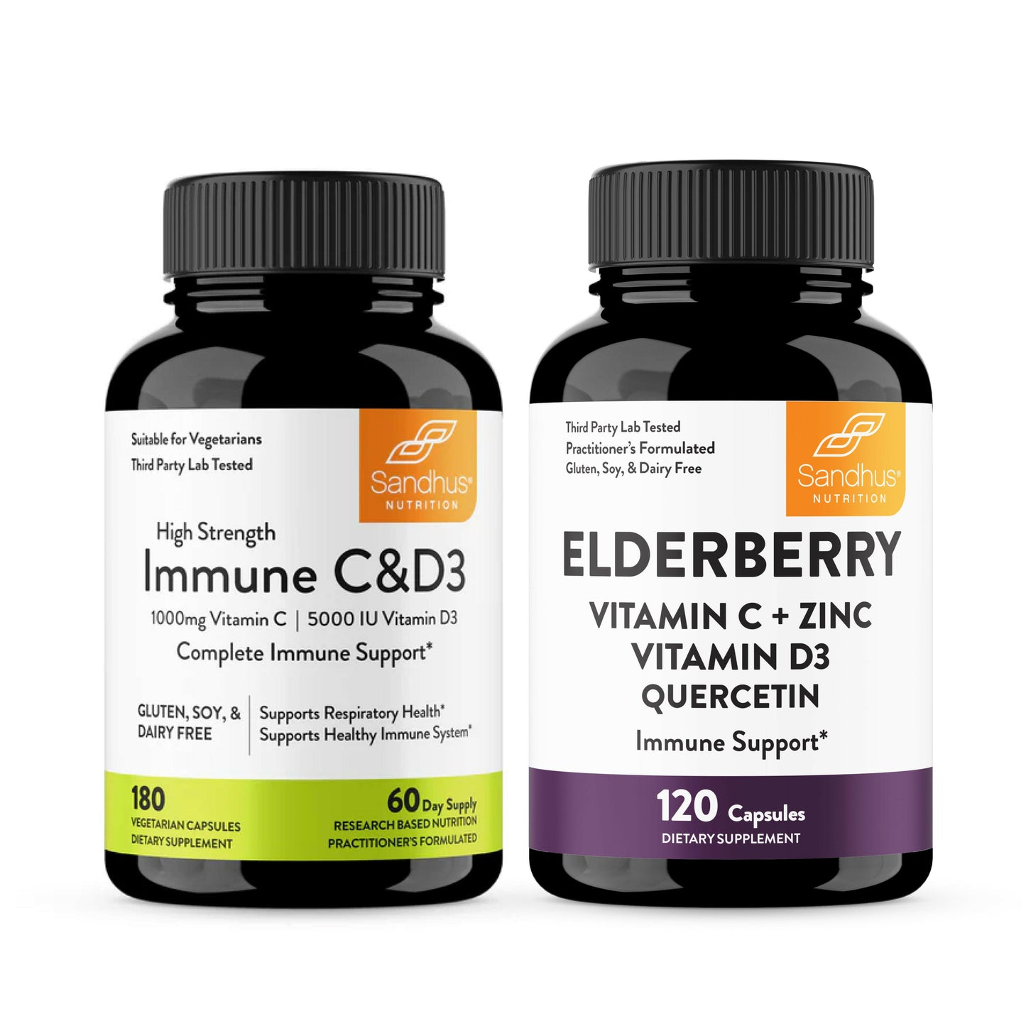 Two supplement bottles labeled 'Immune C&D3' and 'Elderberry Vitamin C + Zinc Vitamin D3 Quercetin' on a white background.
