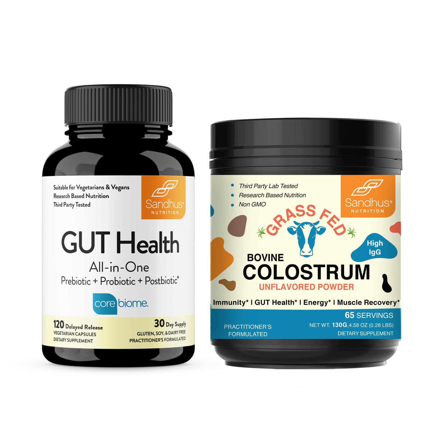 Two supplement containers labeled 'GUT Health' and 'Grass Fed Bovine Colostrum' on a white background.