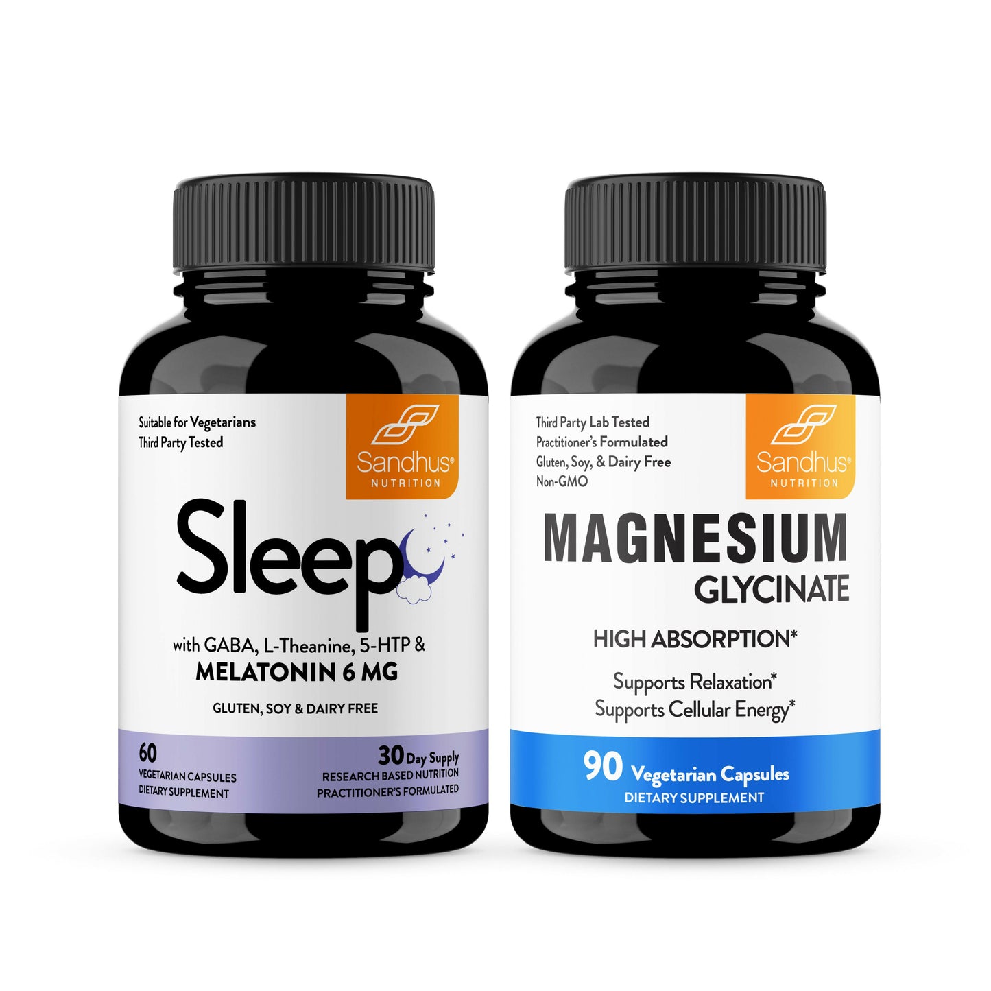 Two supplement bottles labeled Sandhus 'Sleep' and 'Magnesium Glycinate' on a white background.