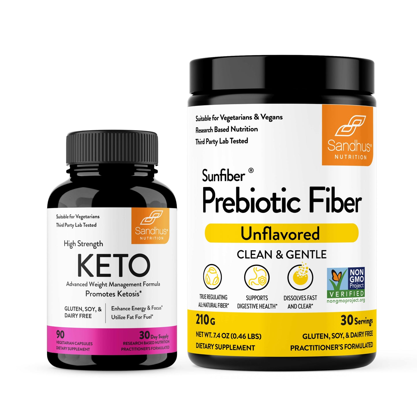 Two supplement products Keto and Sunfiber Prebiotic fiber from Sandhu Nutrition on a white background