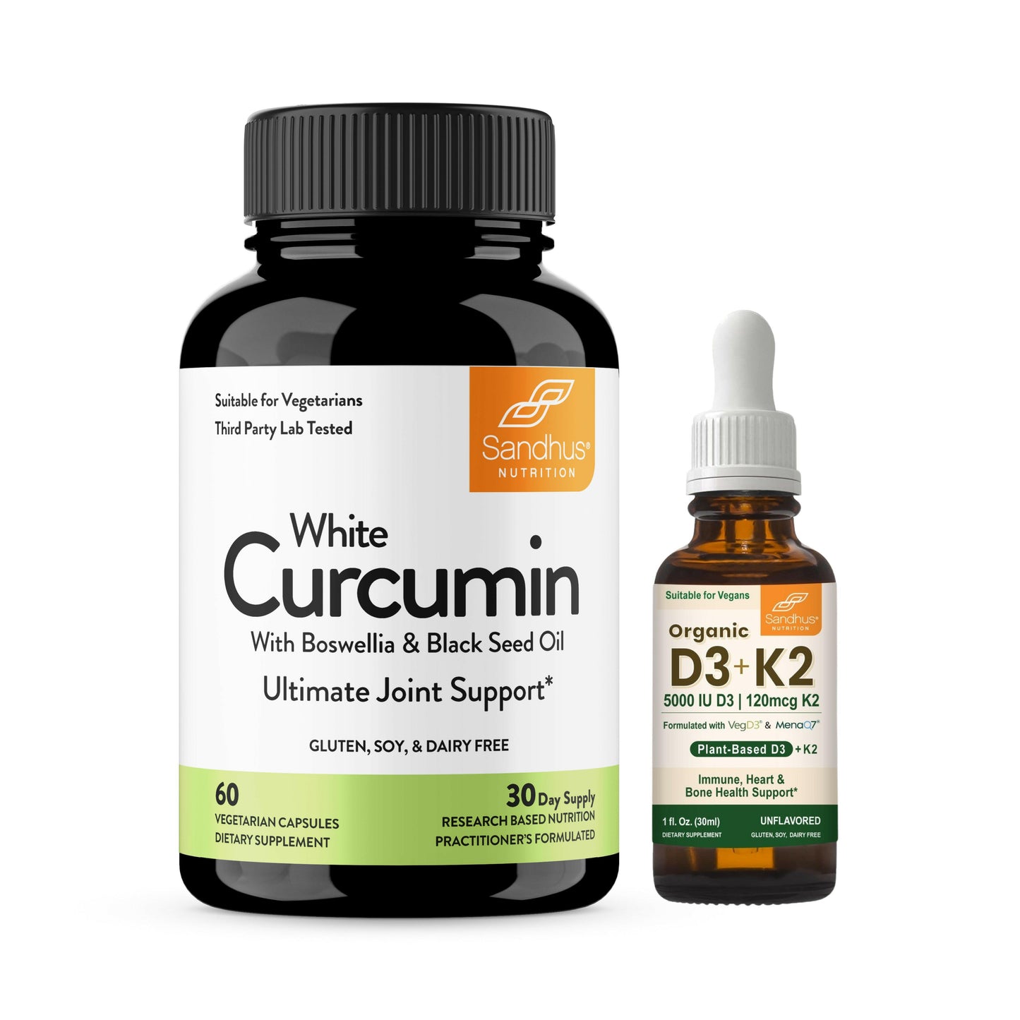Two supplement bottles on a white background: White Curcumin and D3+K2.