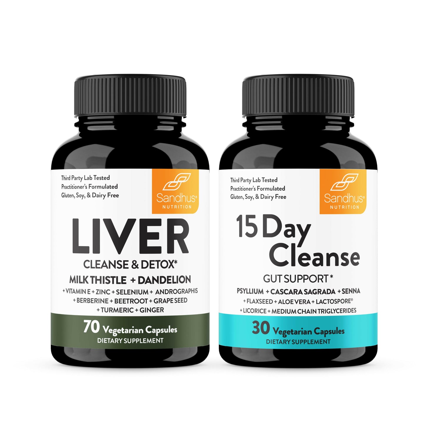 Two bottles of Sandhus Nutrition supplements for liver cleanse & detox and 15day cleanse on a white background