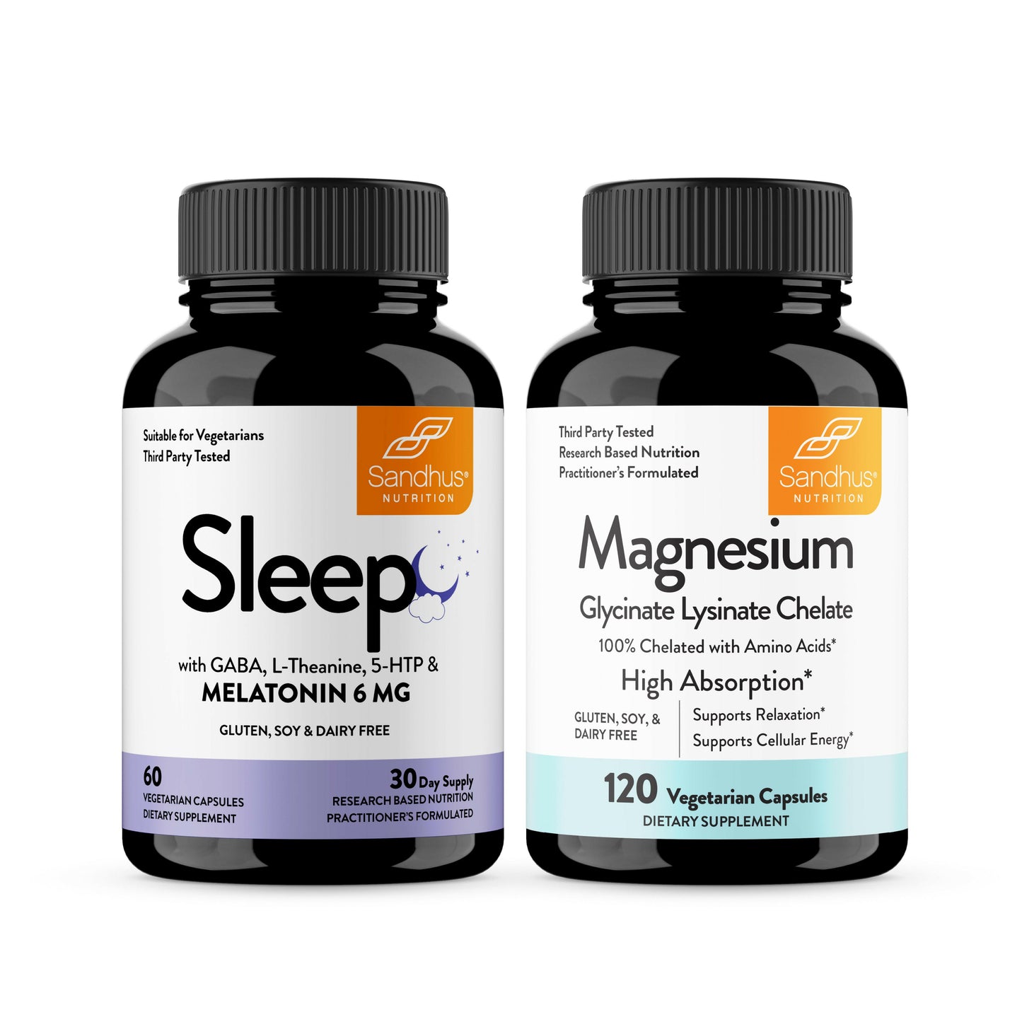 Two supplement bottles labeled Sandhus 'Sleep' and 'Magnesium Glycinate Lysinate Chelate' on a white background
