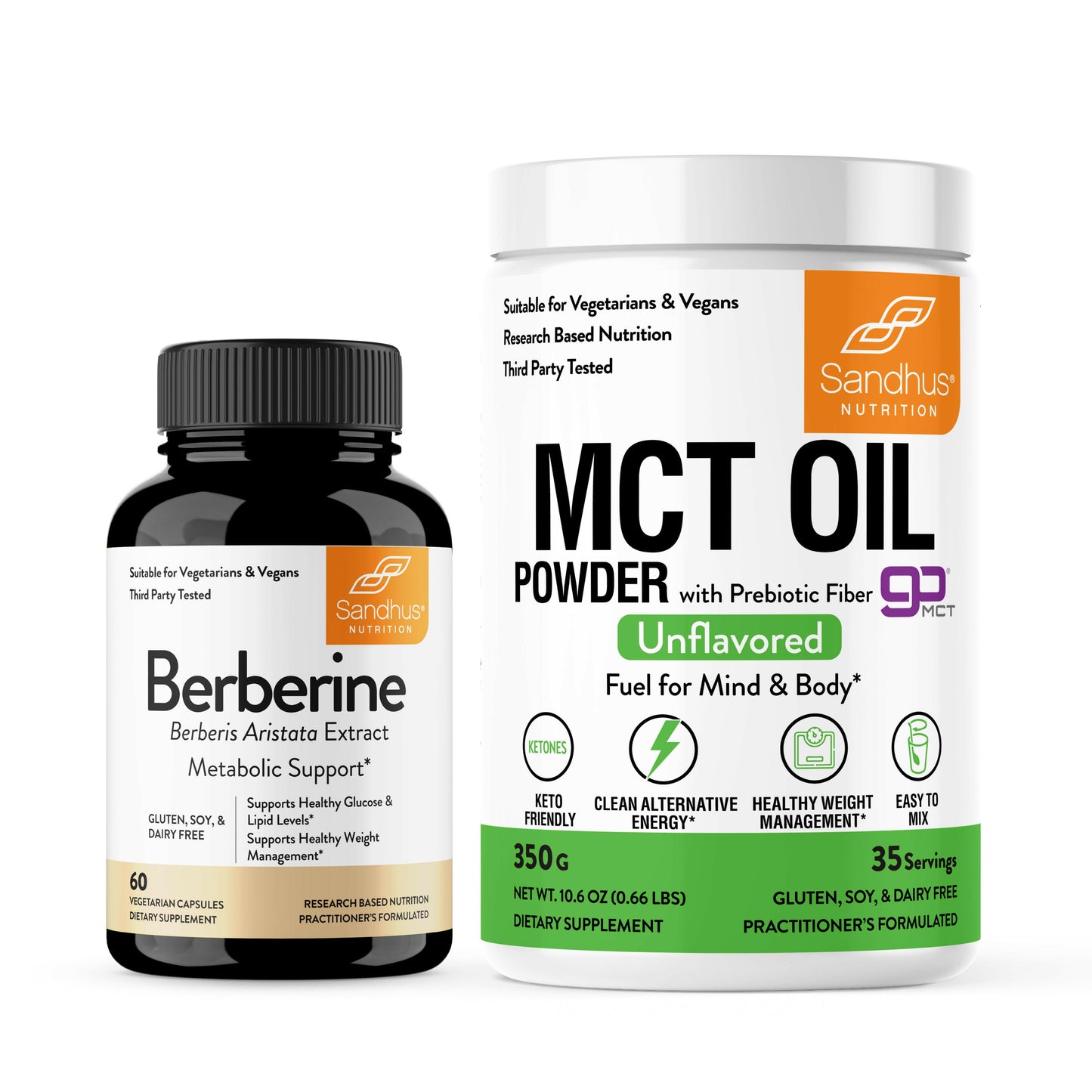 Two health supplements berberine & MCT oil powder from Sandhus Nutrition on a white background.