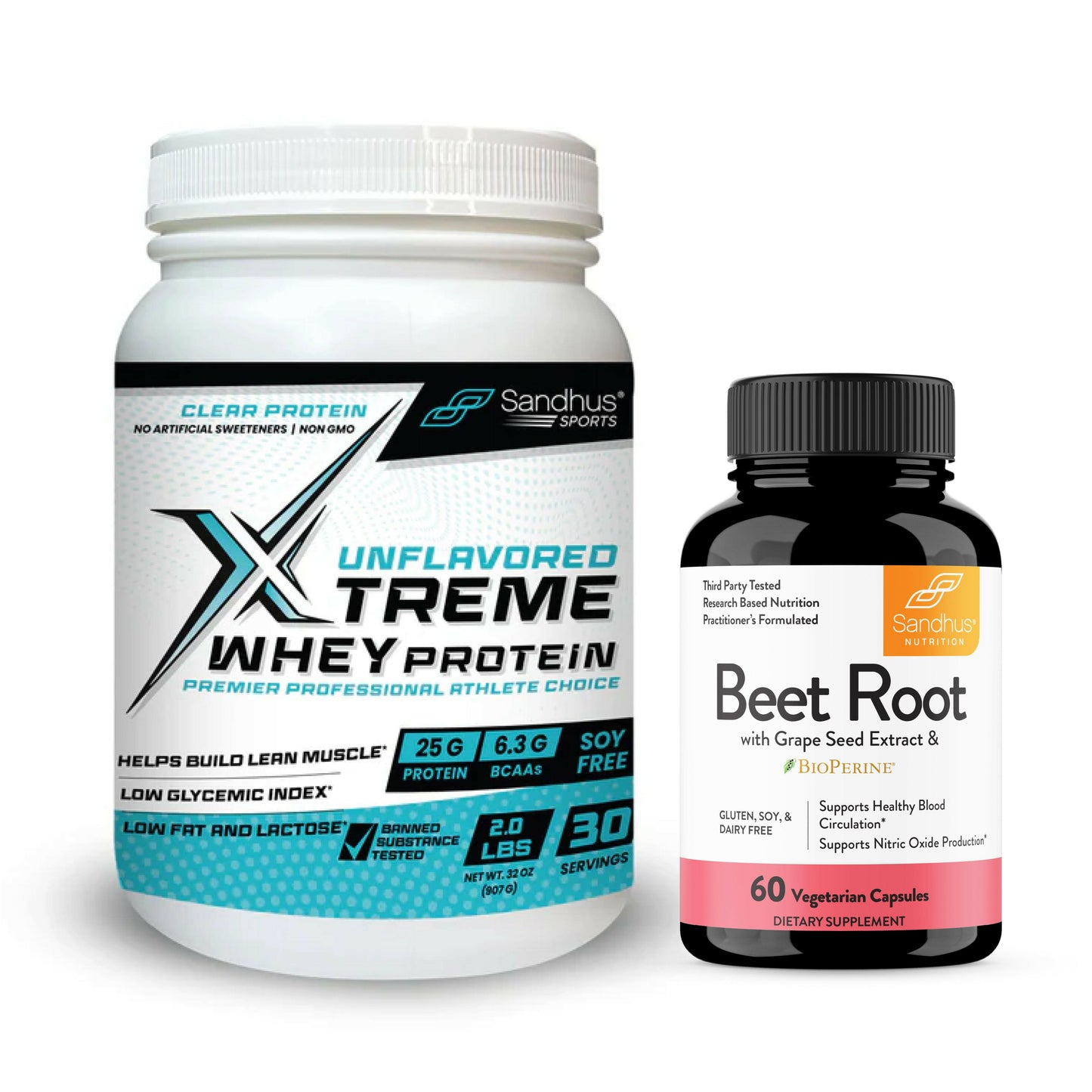 Two supplement bottles: Xtreme Whey Protein and Beet Root, on a white background.