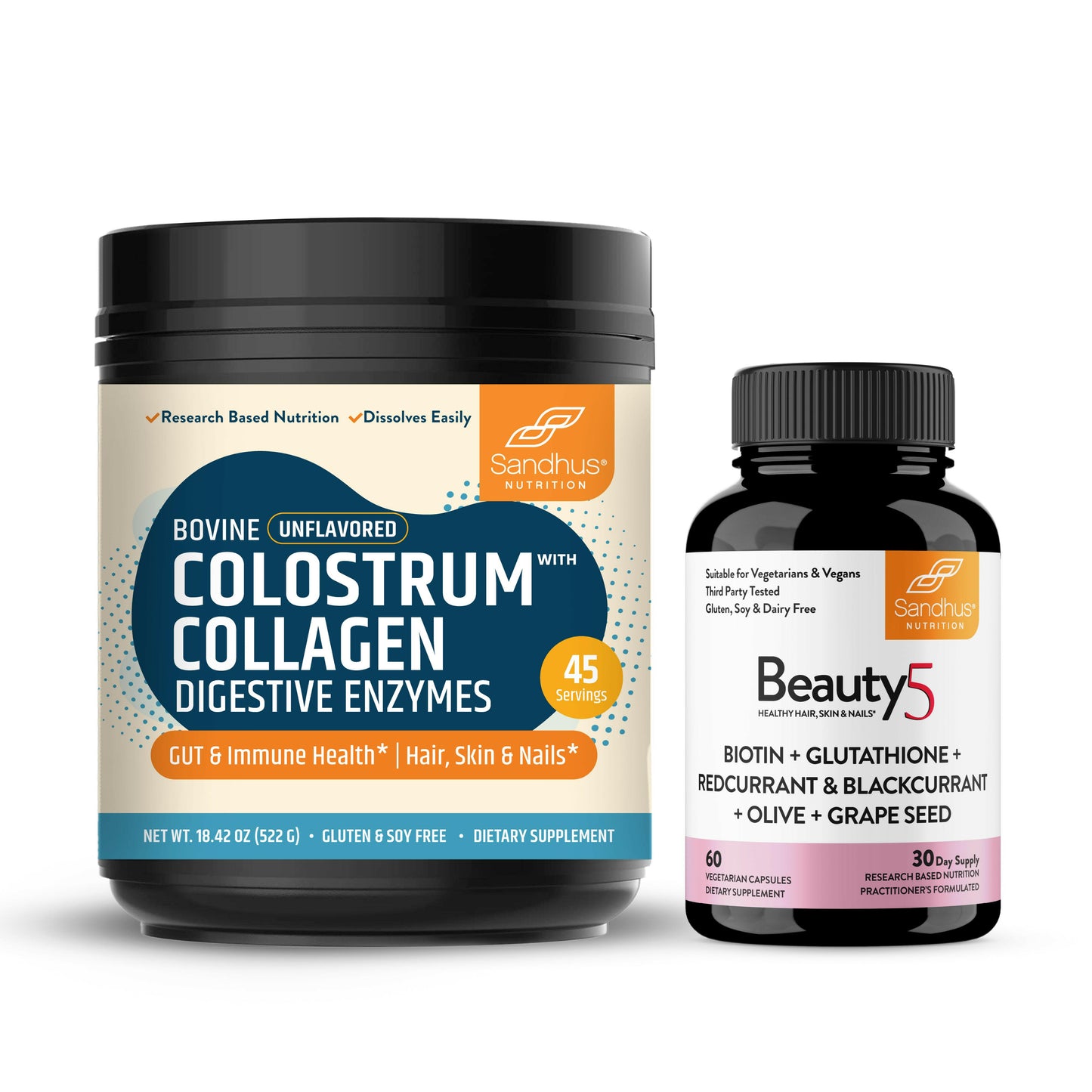 Two supplement containers from Sandhu Supplements on a white background
