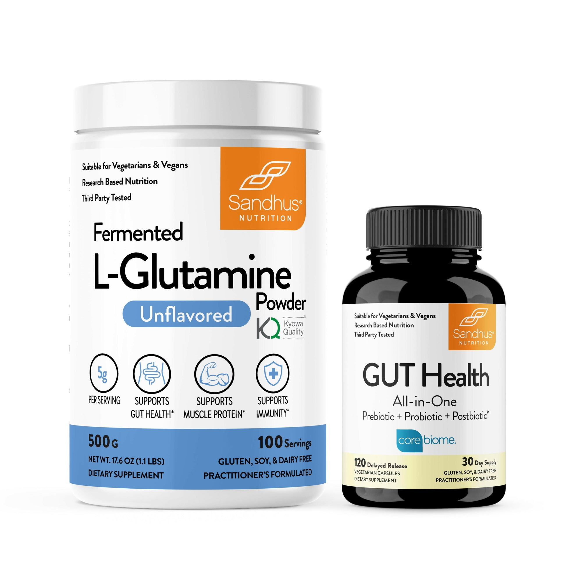 Two health supplement products from Sandhu Nutrition on a white background