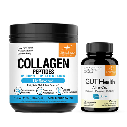 Two supplement containers labeled 'Collagen Peptides' and 'GUT Health All-in-One' on a white background.