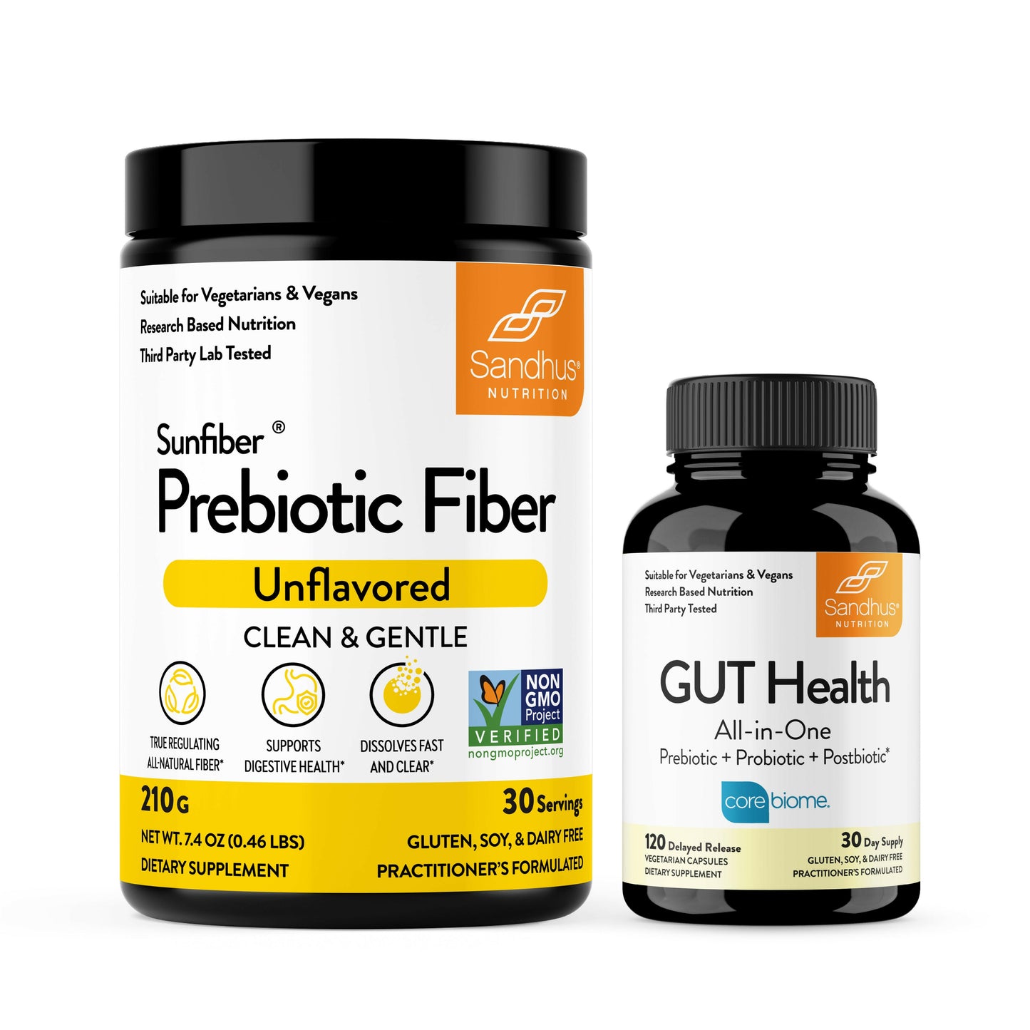 Two supplement bottles labeled 'Sunfiber Prebiotic Fiber' and 'GUT Health' on a white background.