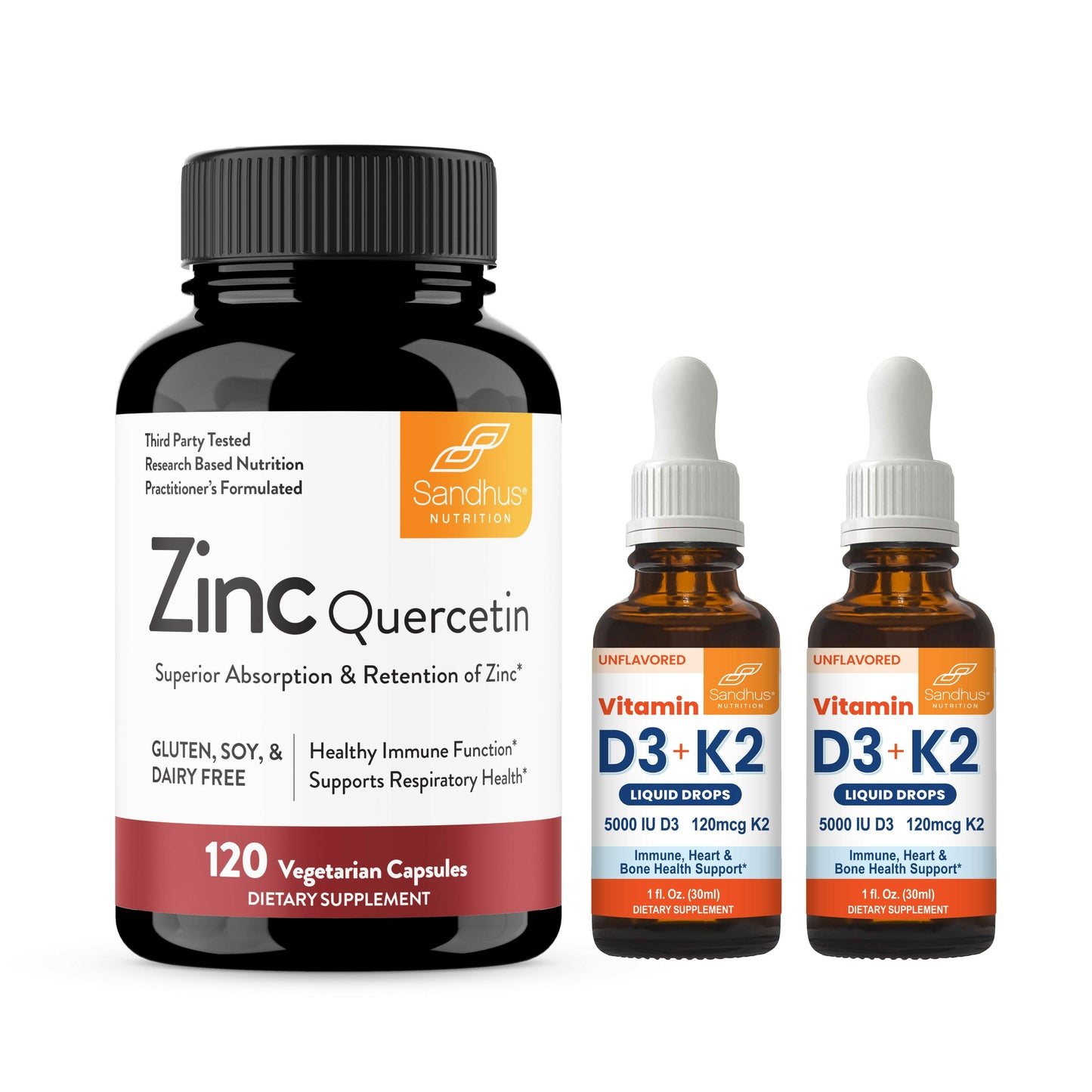 Supplement bottles including Zinc Quercetin and Vitamin D3+K2 liquid drops on a white background
