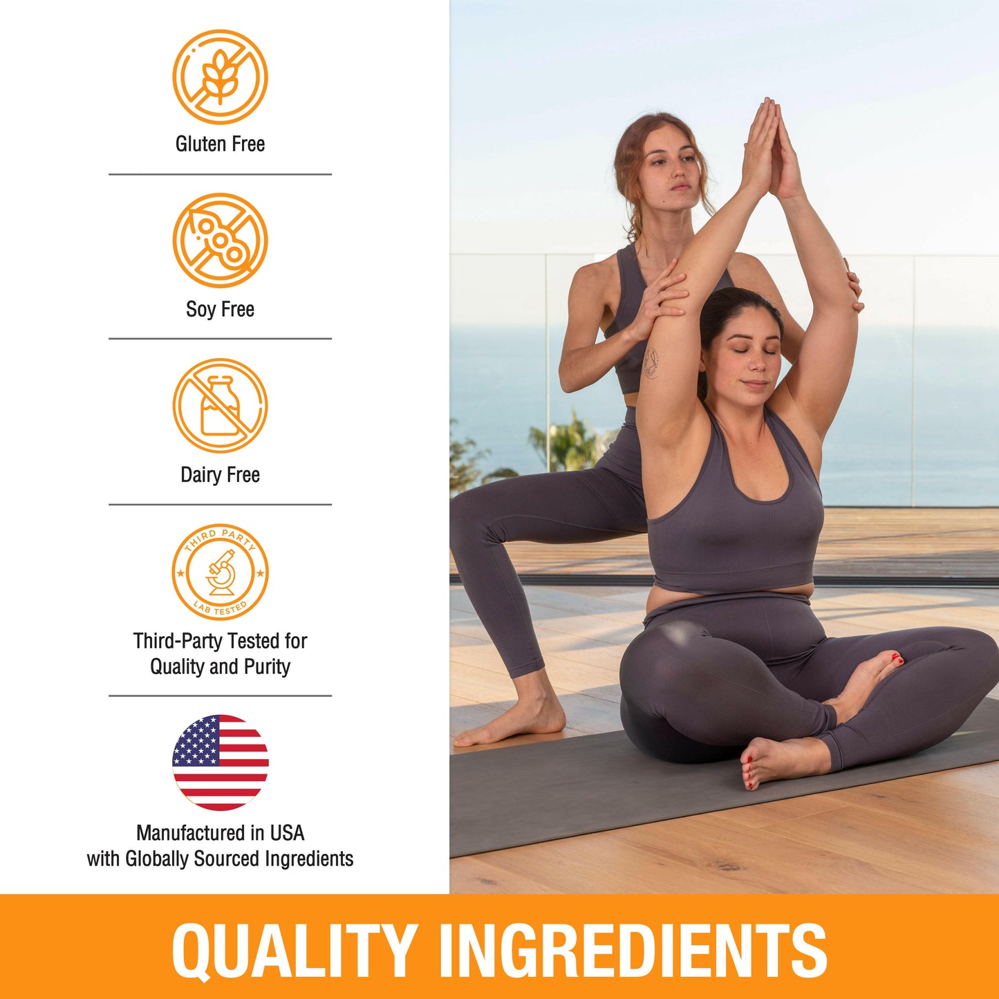 Crafted with care, our supplements are gluten, soy & dairy free, and third-party tested for quality & purity