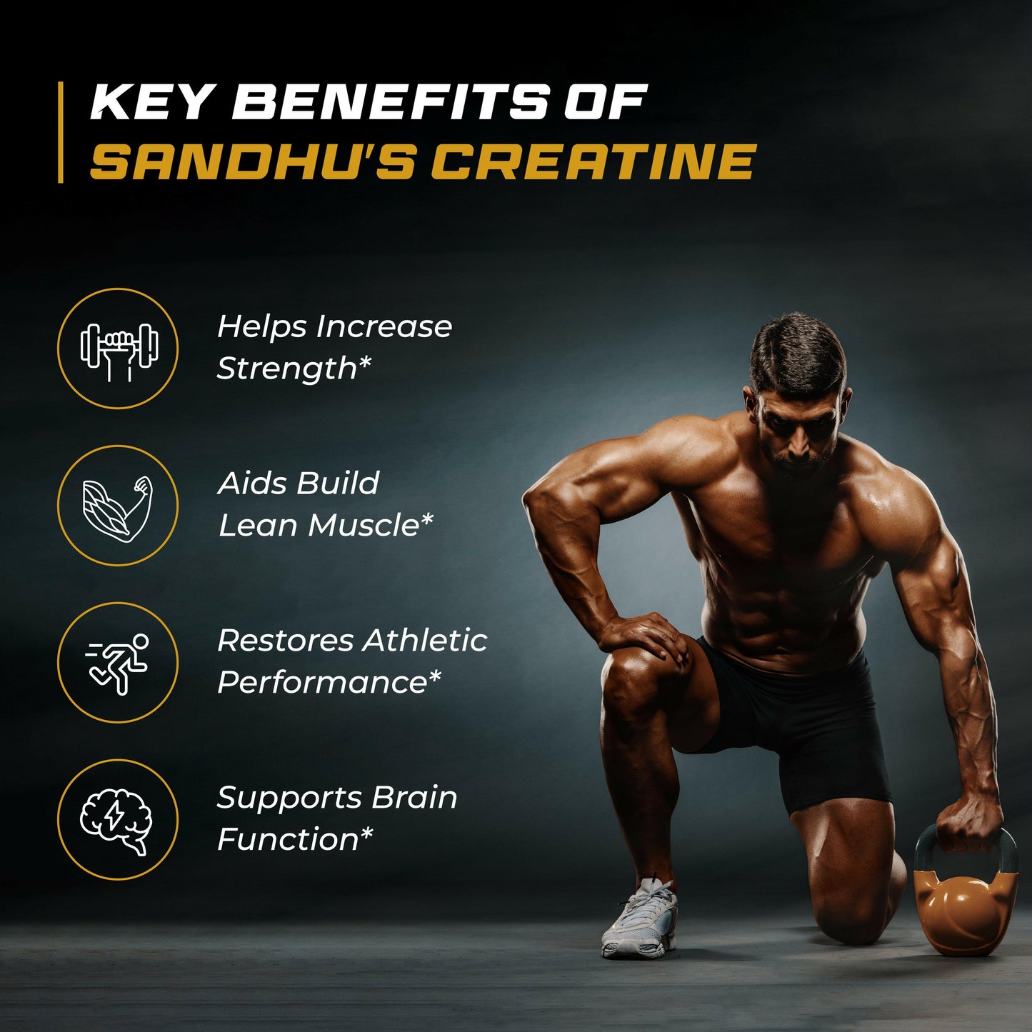 Muscular man training with kettlebell, representing Sandhu’s Creatine benefits for strength, lean muscle, performance, and brain support.