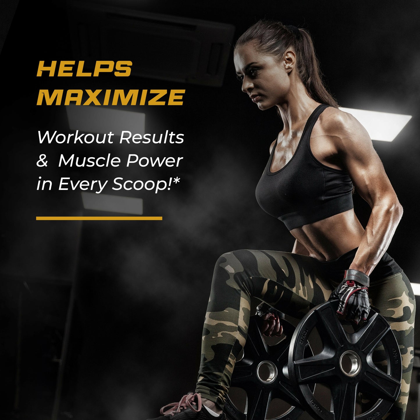 Fit woman lifting weight plates in gym, highlighting Sandhu’s Creatine support for workout results, muscle power, and performance.