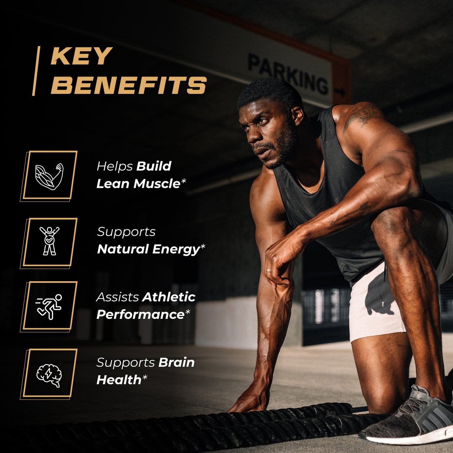Focused man in gym beside benefits of creatine supplement for muscle, energy, performance, and brain health.