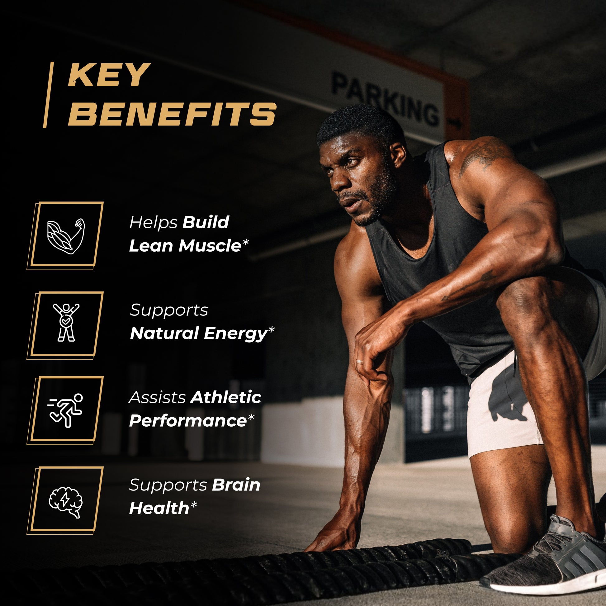 Focused man in gym beside benefits of creatine supplement for muscle, energy, performance, and brain health.