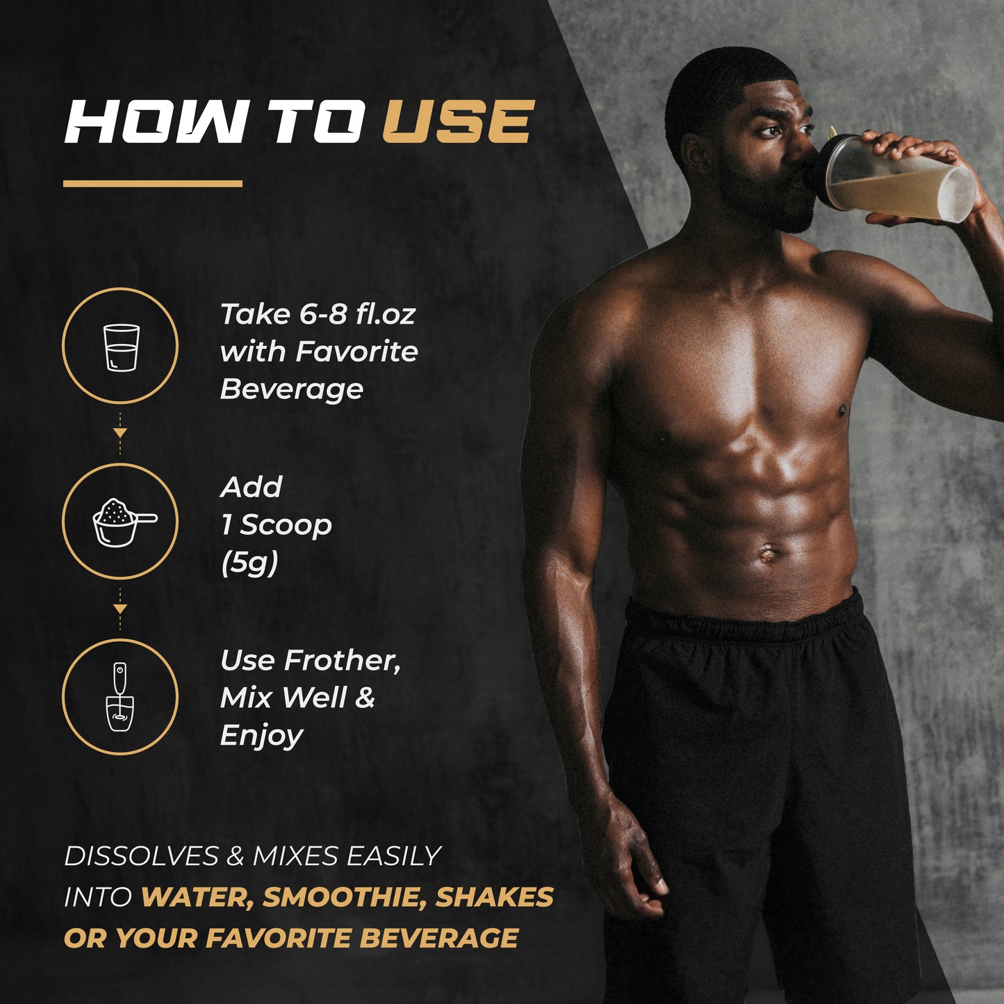 Information on How to use creatine - mix a scoop of creatine with water, mix well & take.