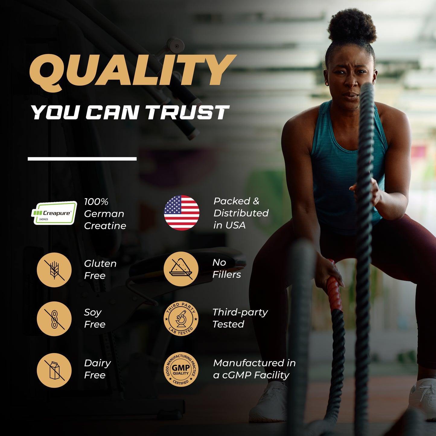 Quality badges of German creatine - cGMP, 3rd party testing, USA packed, gluten free, soy free, dairy free