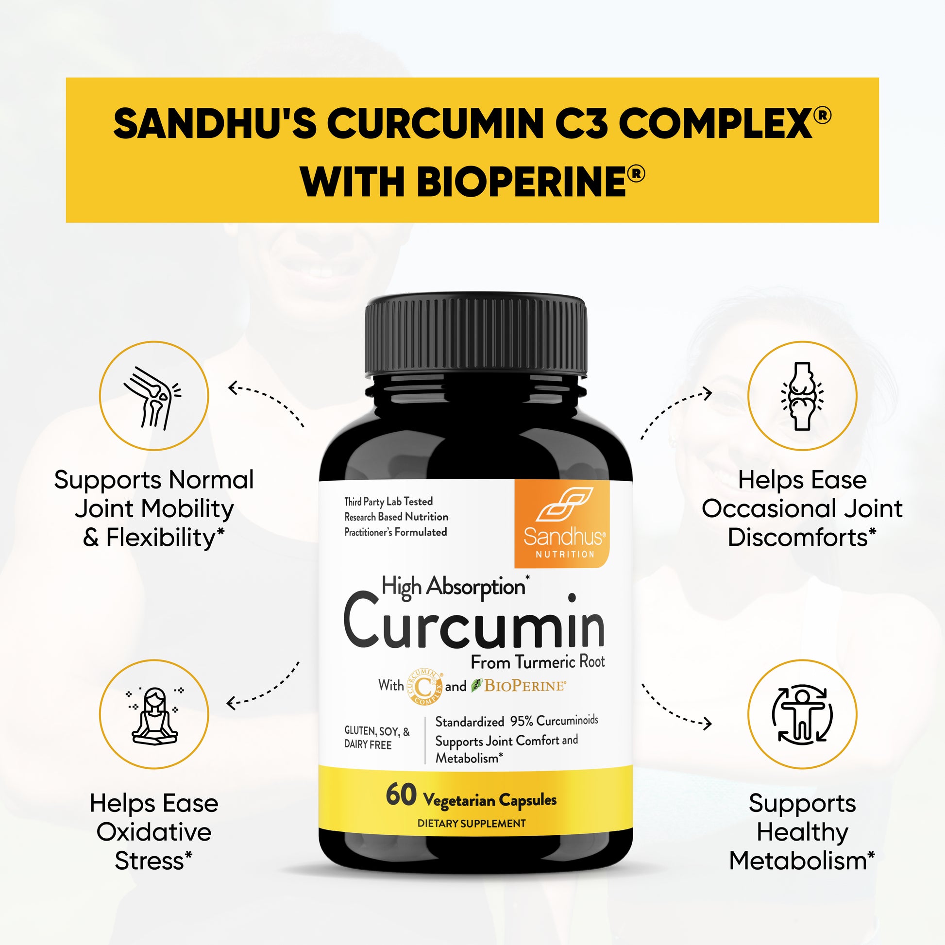 Sandhus Curcumin C3 Complex supplement bottle highlighting benefits including joint mobility, joint discomfort relief, oxidative stress support, and healthy metabolism.
