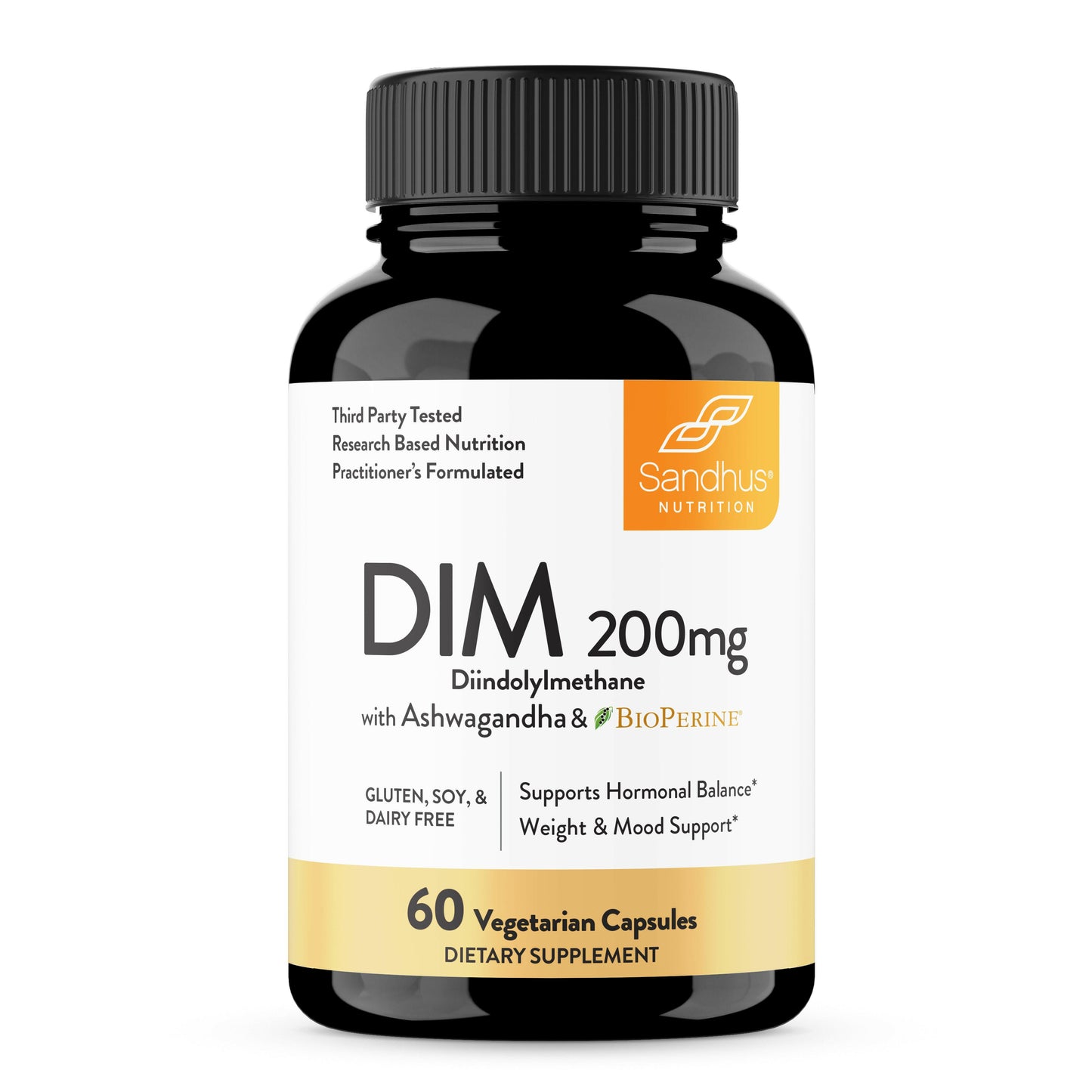 Supplement bottle labeled 'DIM 200mg' with Sandhu Nutrition branding on a white background