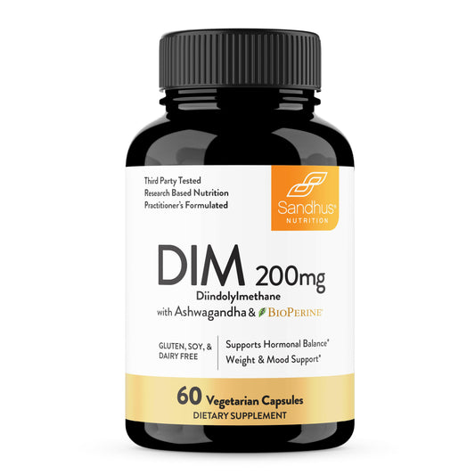 Supplement bottle labeled 'DIM 200mg' with Sandhu Nutrition branding on a white background