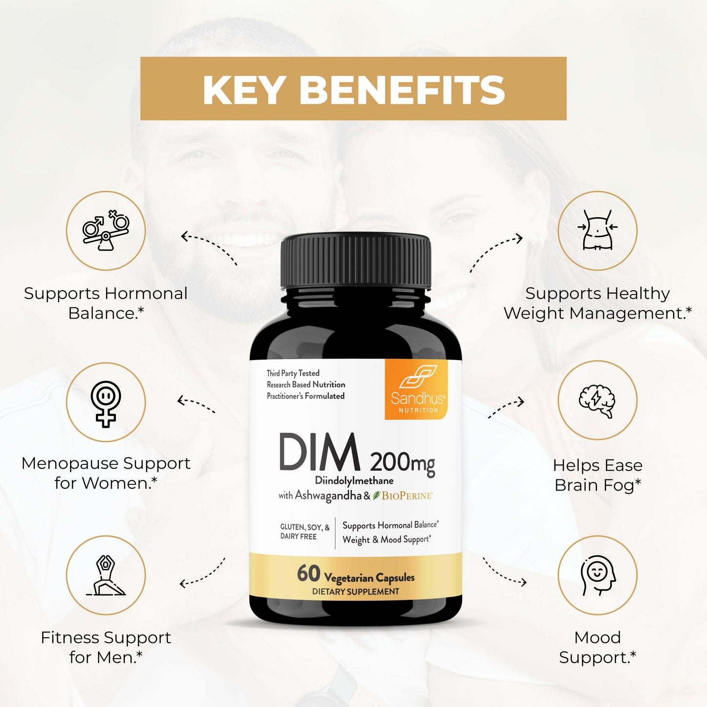 Sandhu’s DIM 200mg supplement bottle with benefits for hormonal balance, mood, weight, menopause, and men’s fitness support.