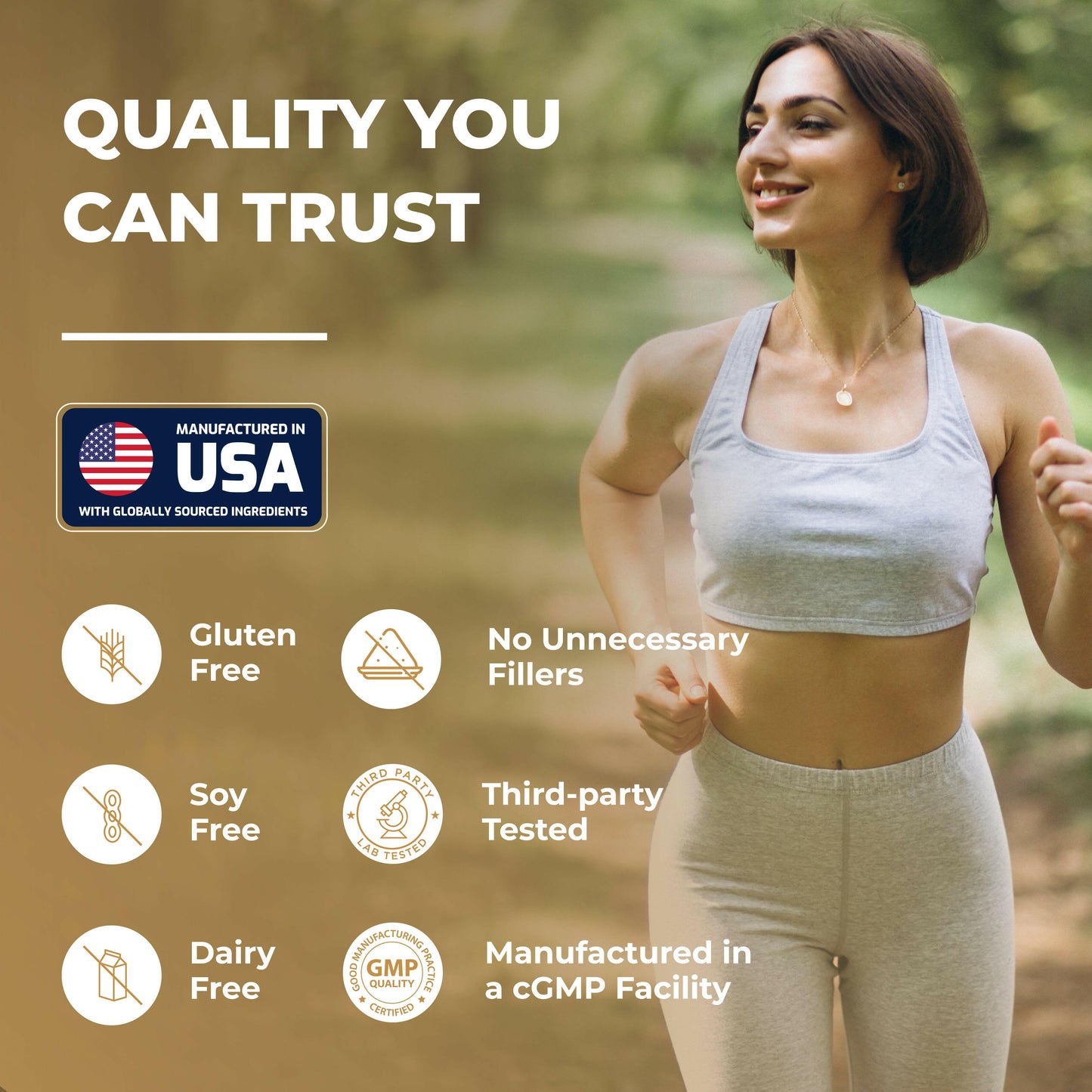 Active woman jogging with product highlights showing USA-made DIM supplement, gluten free, soy free, dairy free, and GMP certified.