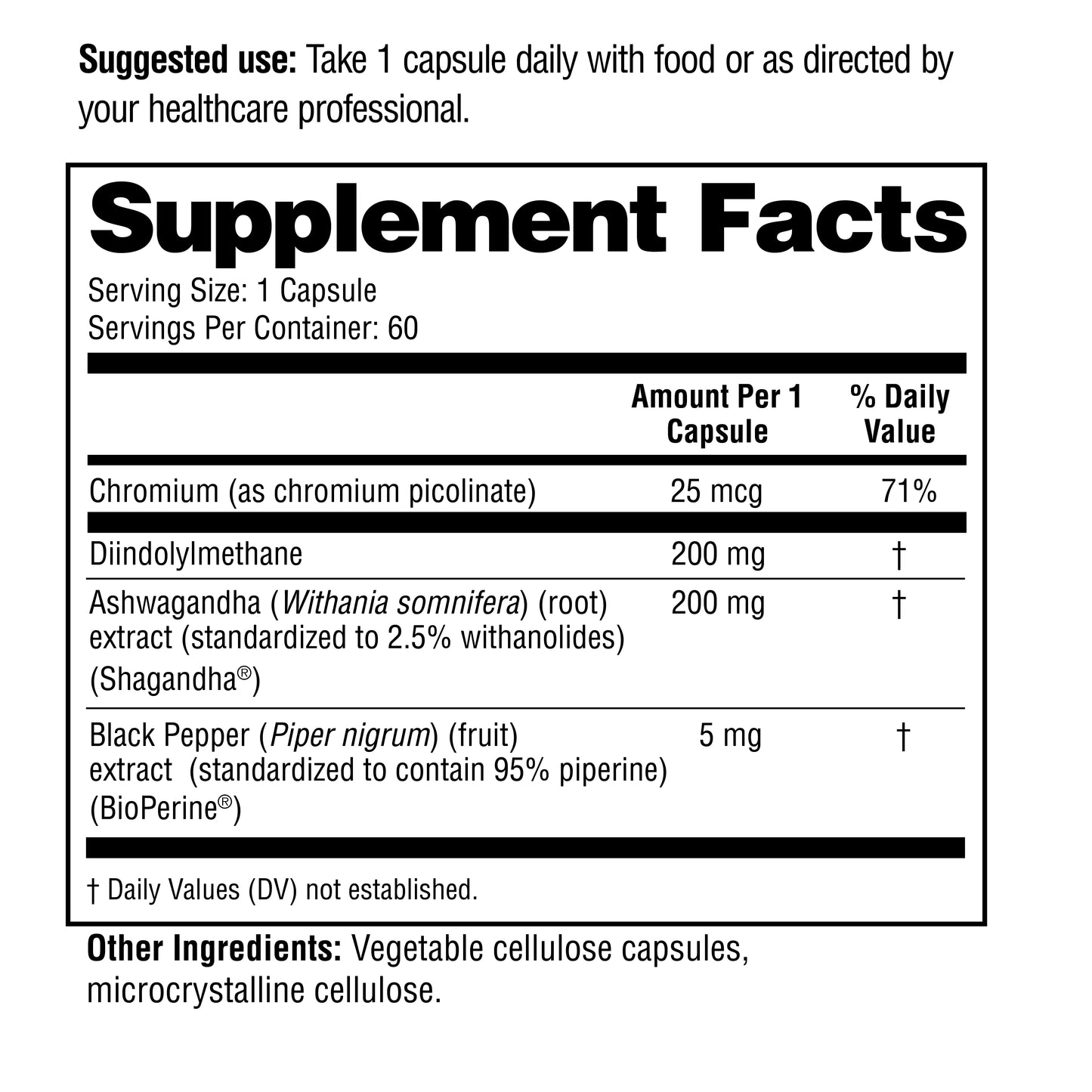 Supplement label with ingredient list and usage instructions on a white background